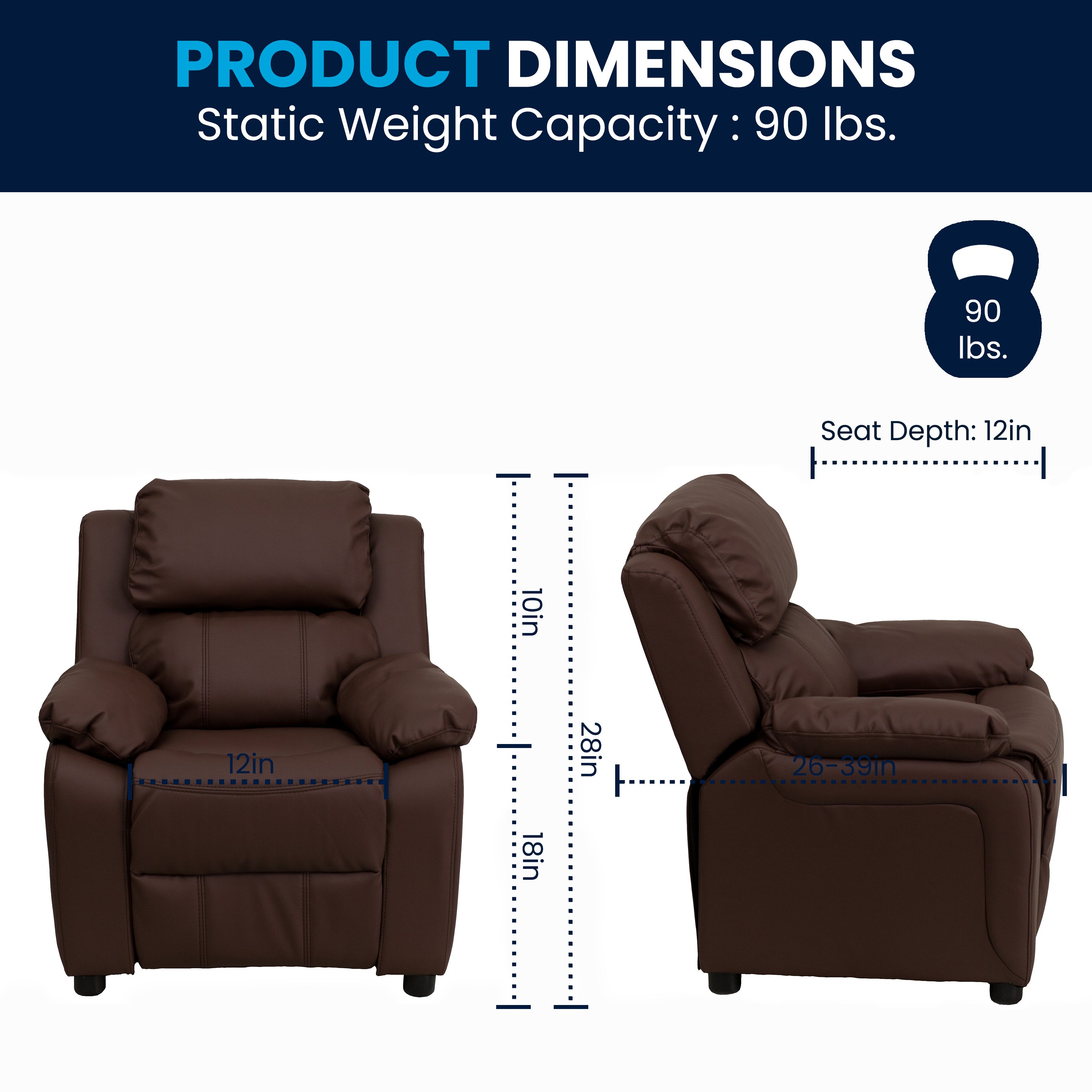 Deluxe Padded Contemporary Kids Recliner with Storage Arms
