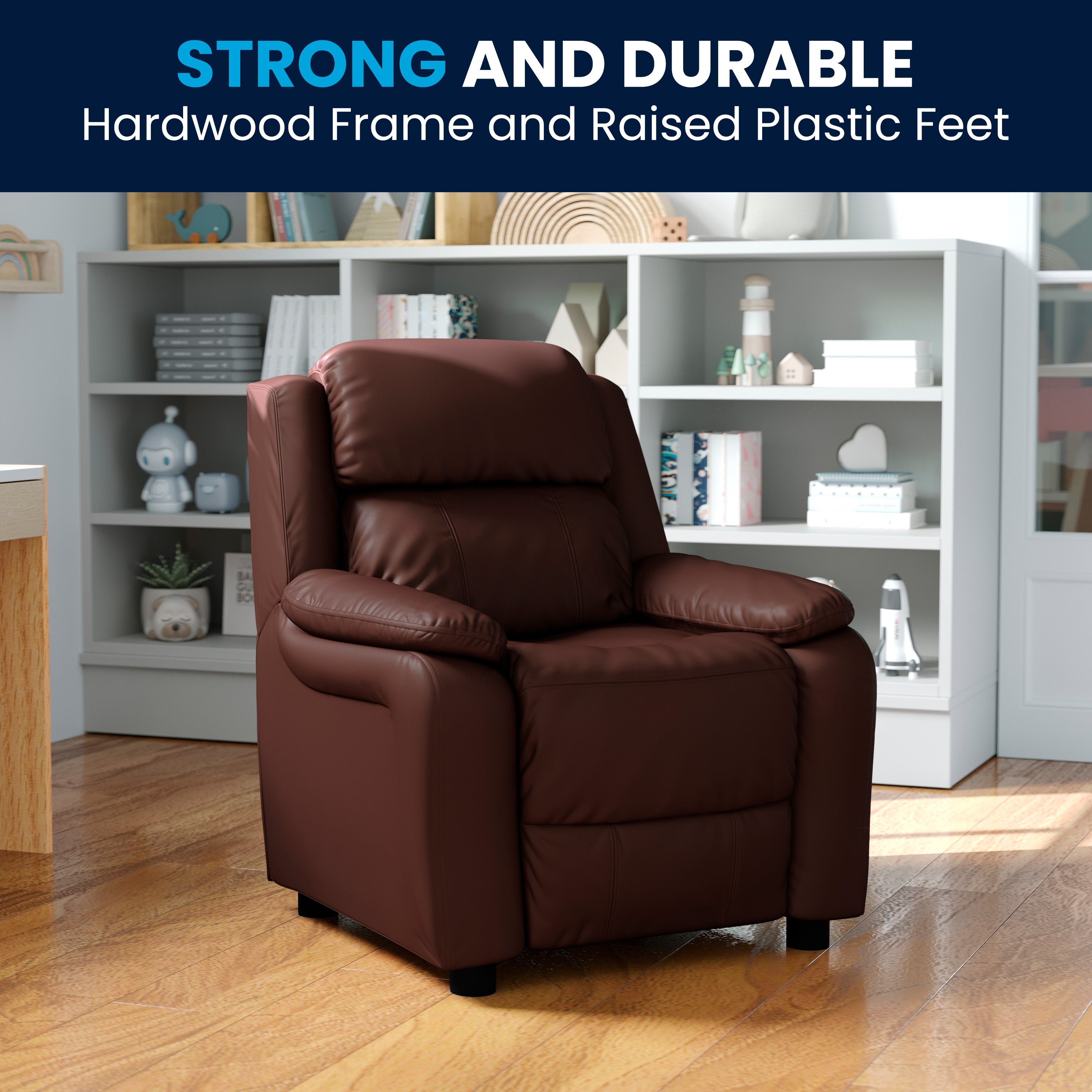 Deluxe Padded Contemporary Kids Recliner with Storage Arms