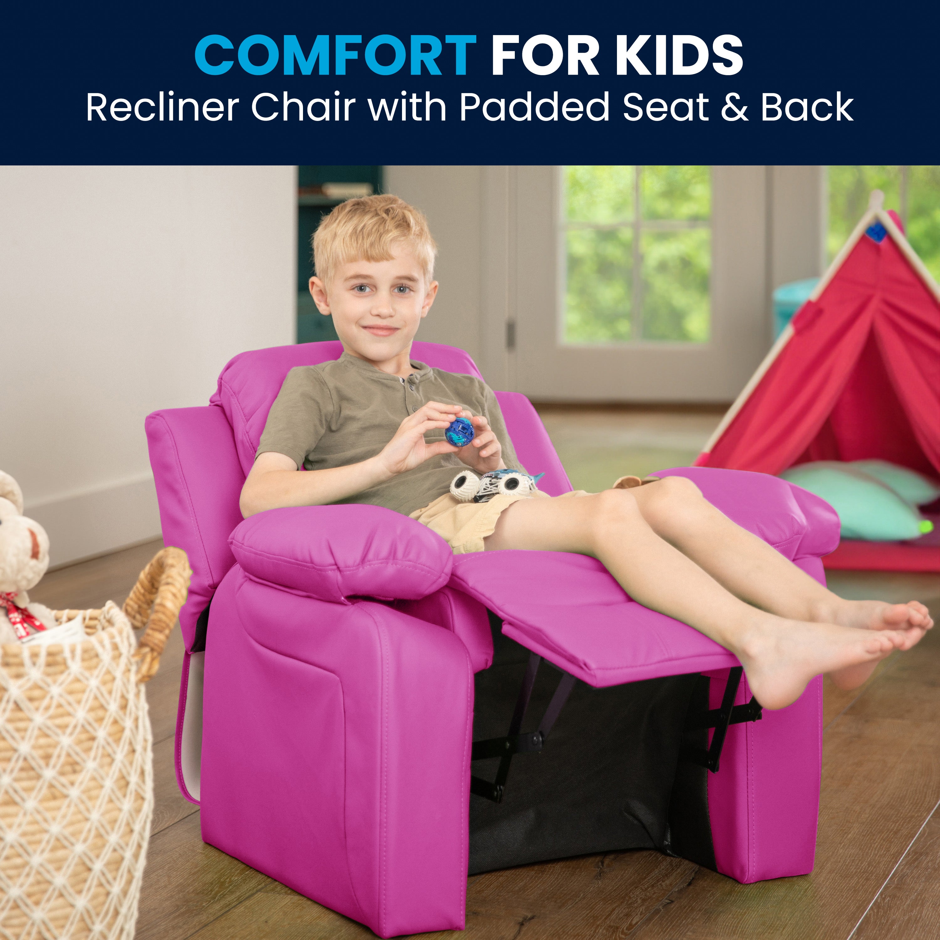 Deluxe Padded Contemporary Kids Recliner with Storage Arms
