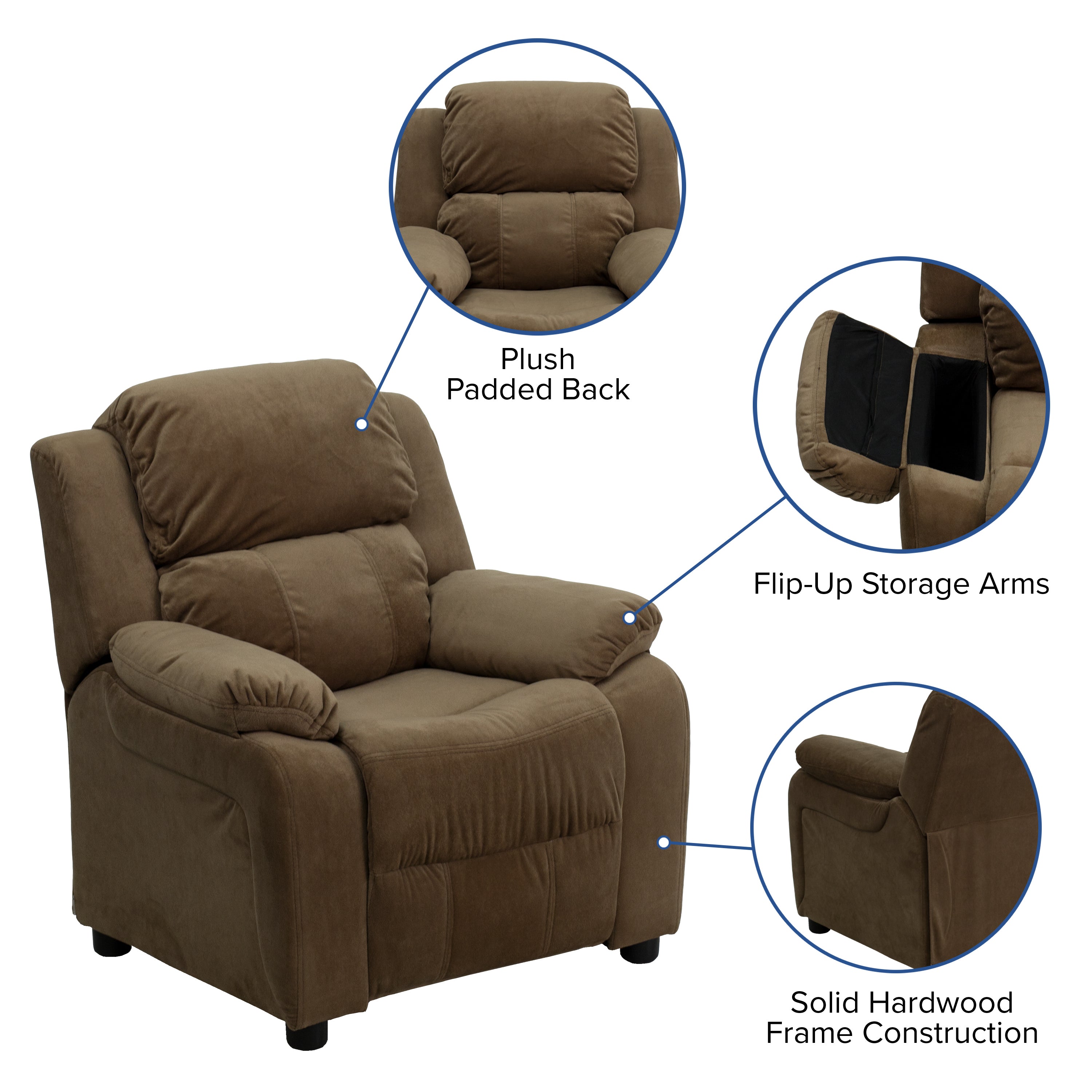Deluxe Padded Contemporary Kids Recliner with Storage Arms