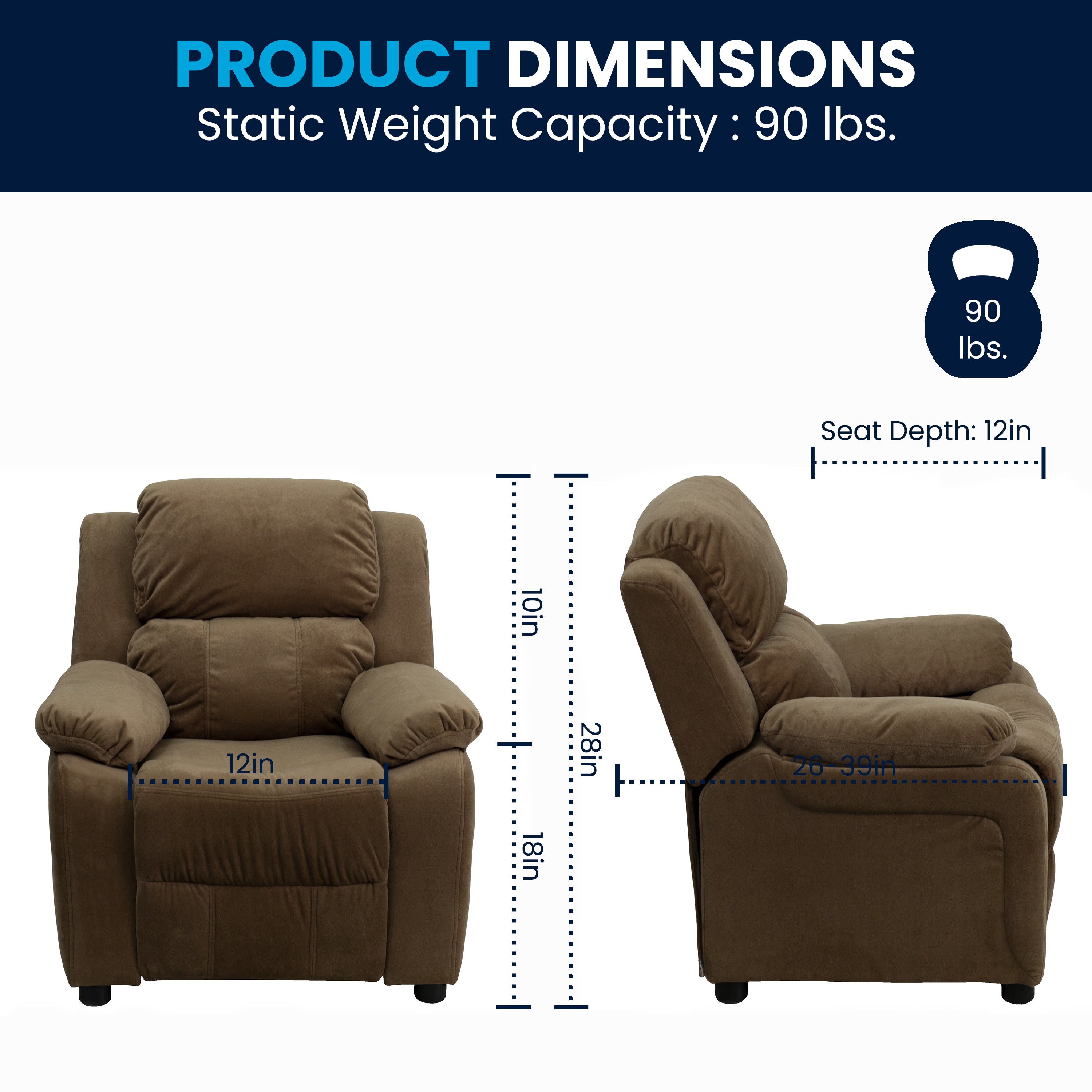 Deluxe Padded Contemporary Kids Recliner with Storage Arms