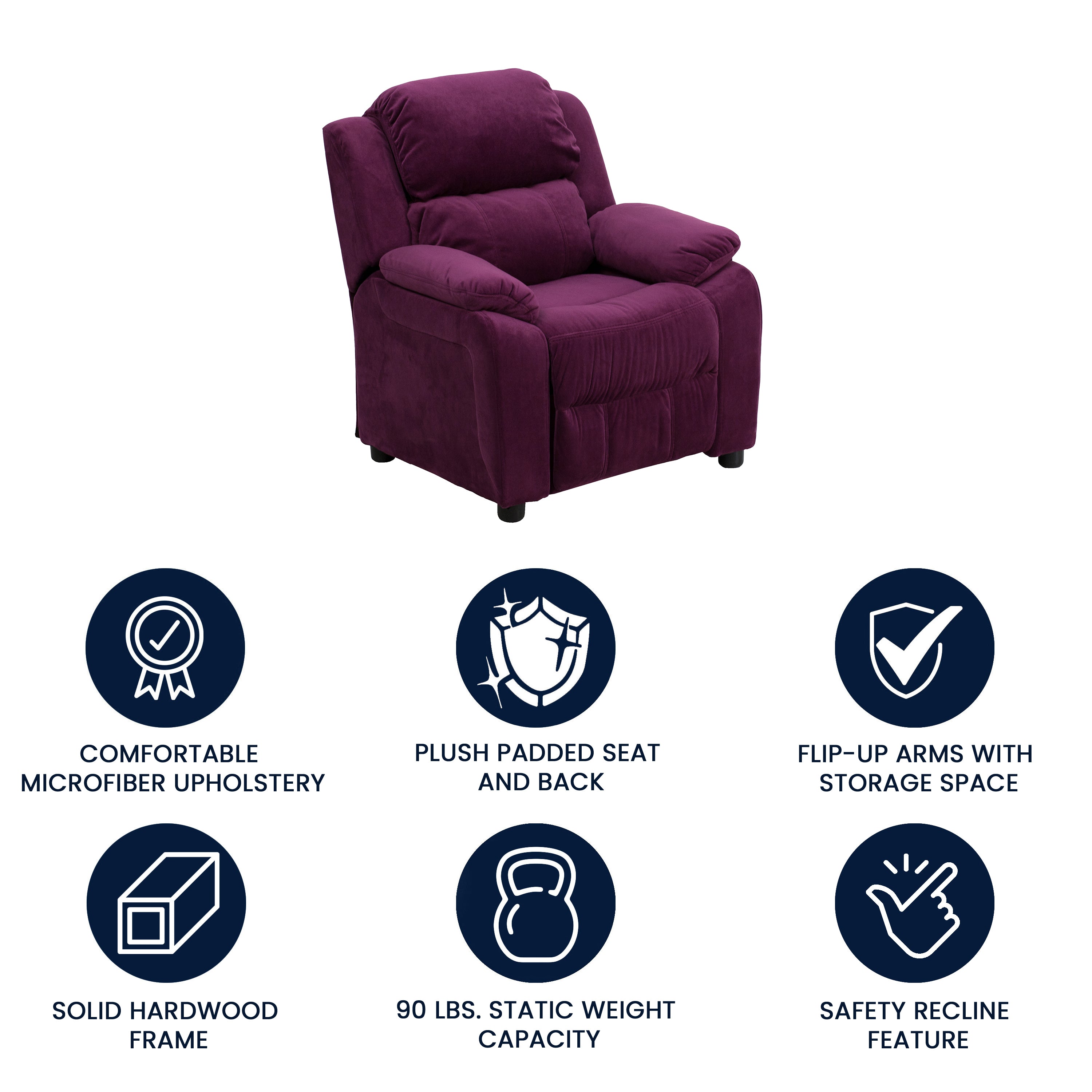 Deluxe Padded Contemporary Kids Recliner with Storage Arms