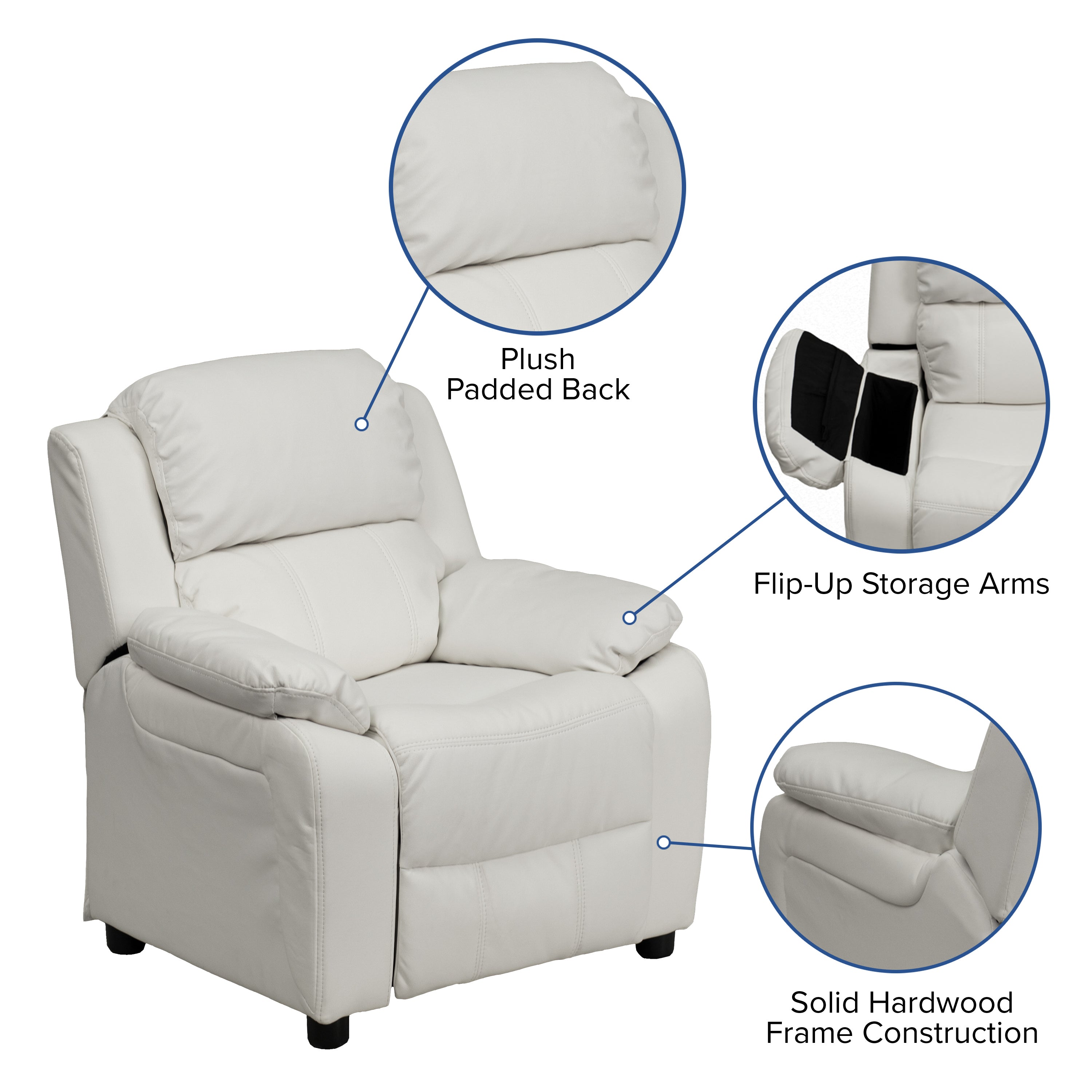 Deluxe Padded Contemporary Kids Recliner with Storage Arms