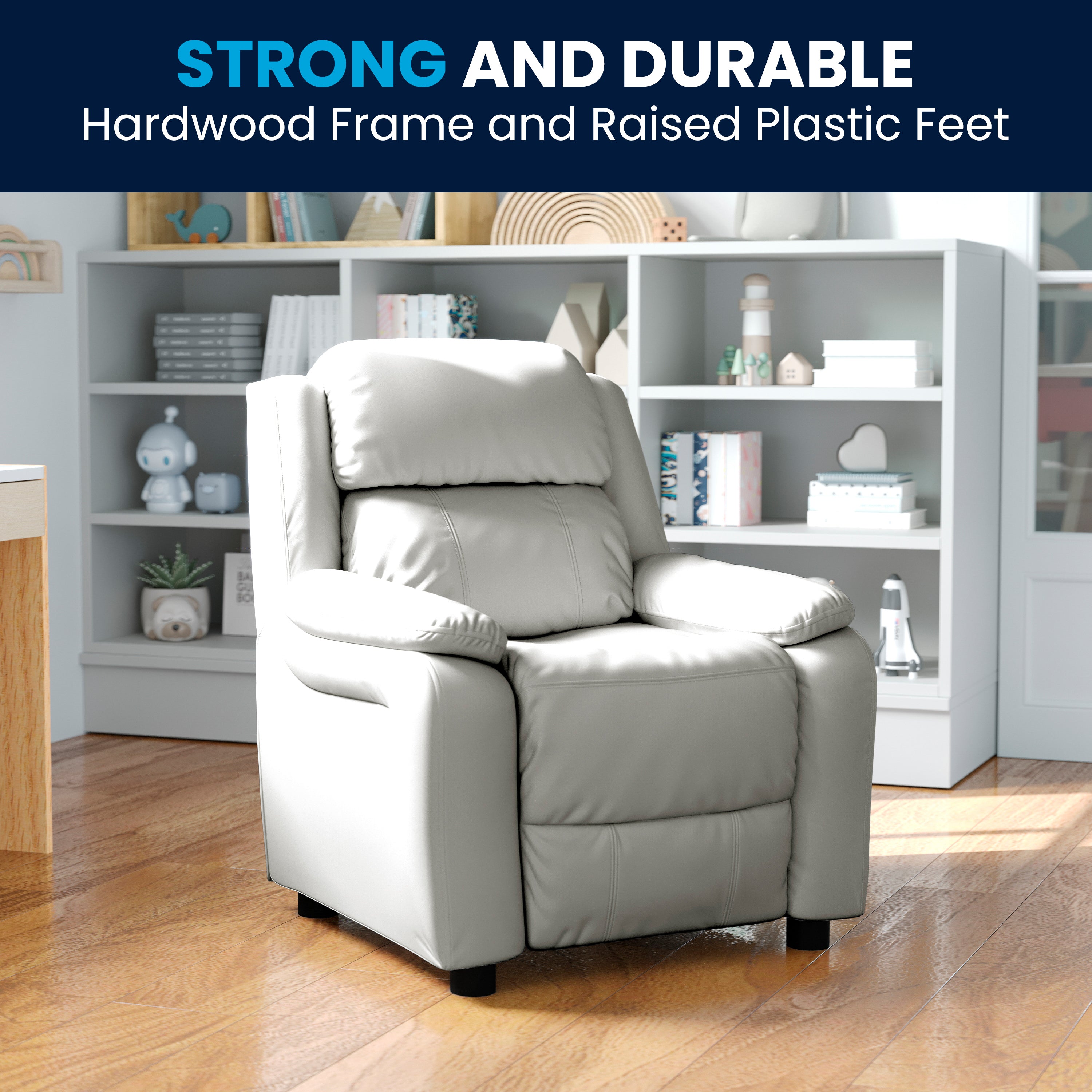 Deluxe Padded Contemporary Kids Recliner with Storage Arms