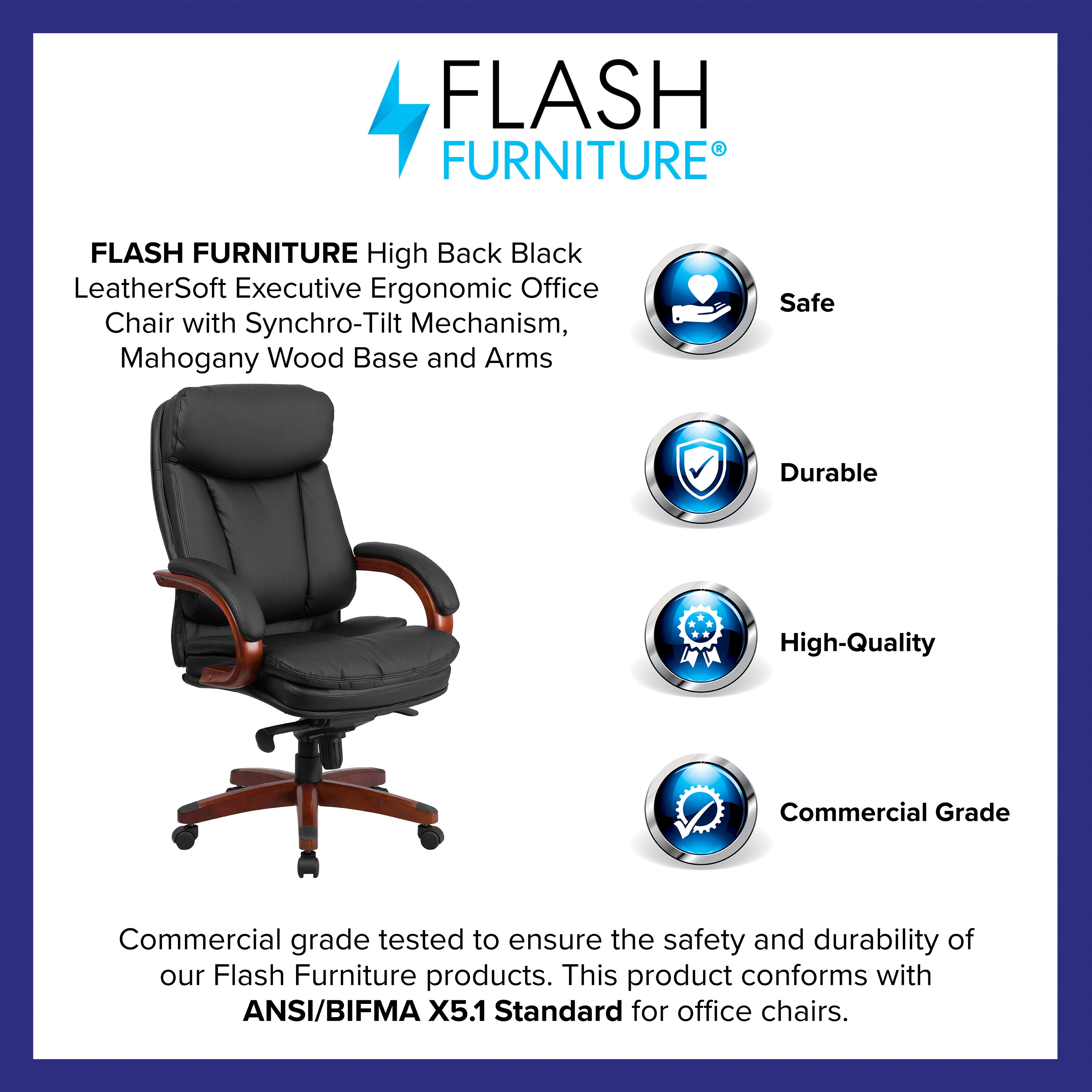 High Back LeatherSoft Executive Swivel Ergonomic Office Chair with Synchro-Tilt Mechanism, Mahogany Wood Base and Arms