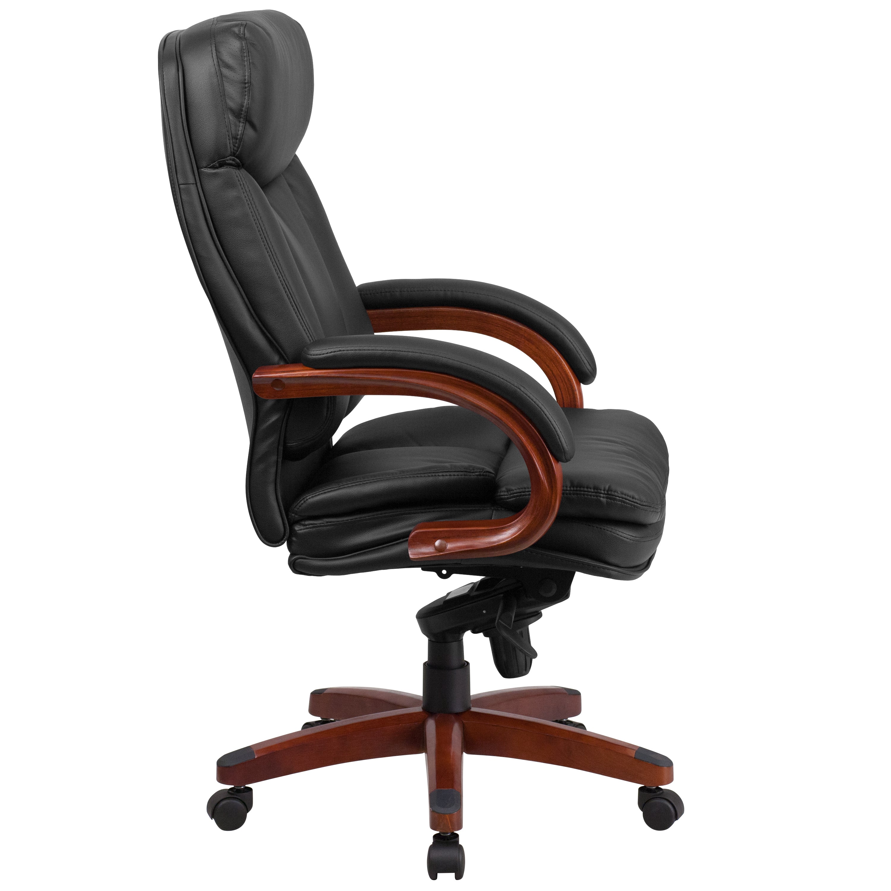 High Back LeatherSoft Executive Swivel Ergonomic Office Chair with Synchro-Tilt Mechanism, Mahogany Wood Base and Arms