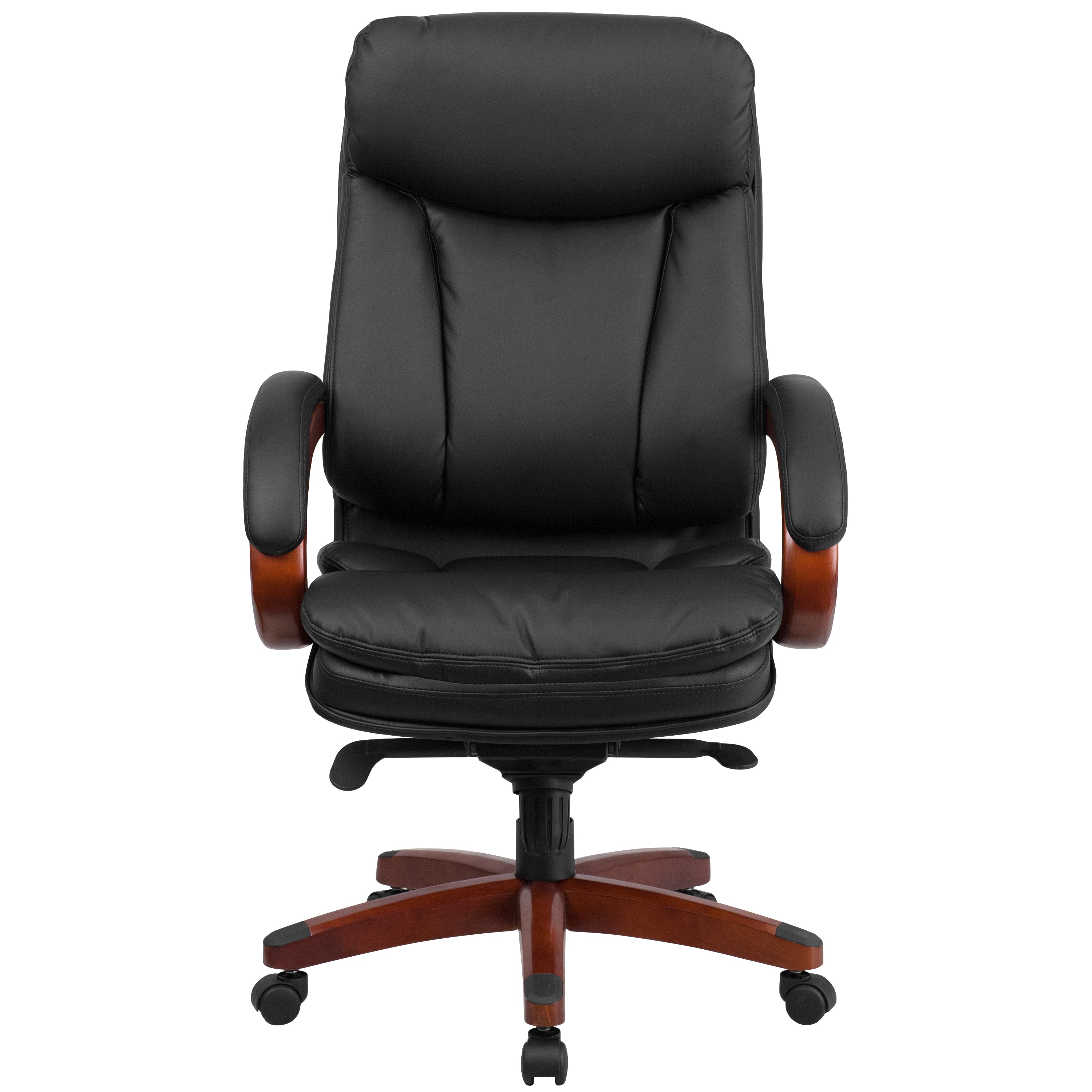High Back LeatherSoft Executive Swivel Ergonomic Office Chair with Synchro-Tilt Mechanism, Mahogany Wood Base and Arms