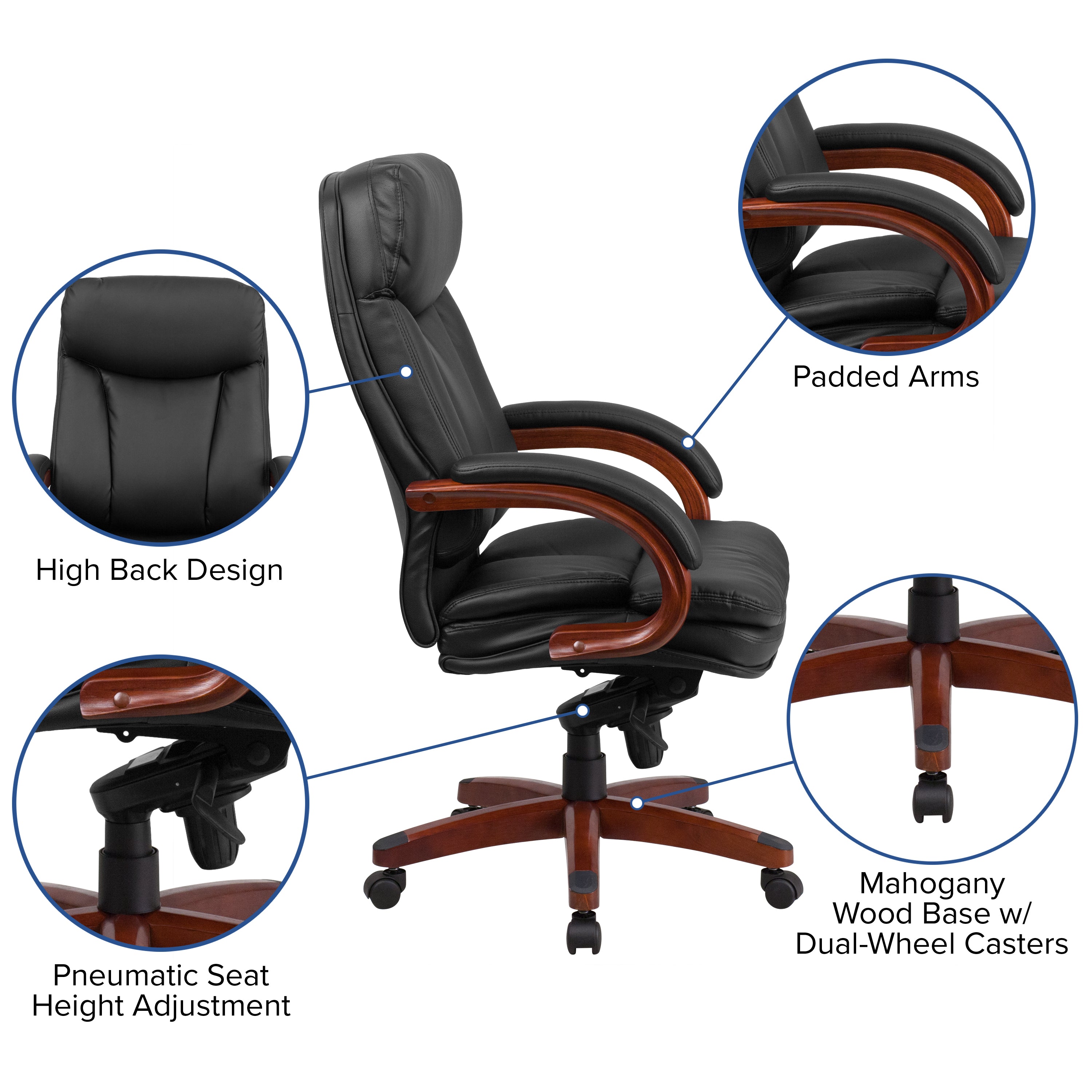 High Back LeatherSoft Executive Swivel Ergonomic Office Chair with Synchro-Tilt Mechanism, Mahogany Wood Base and Arms