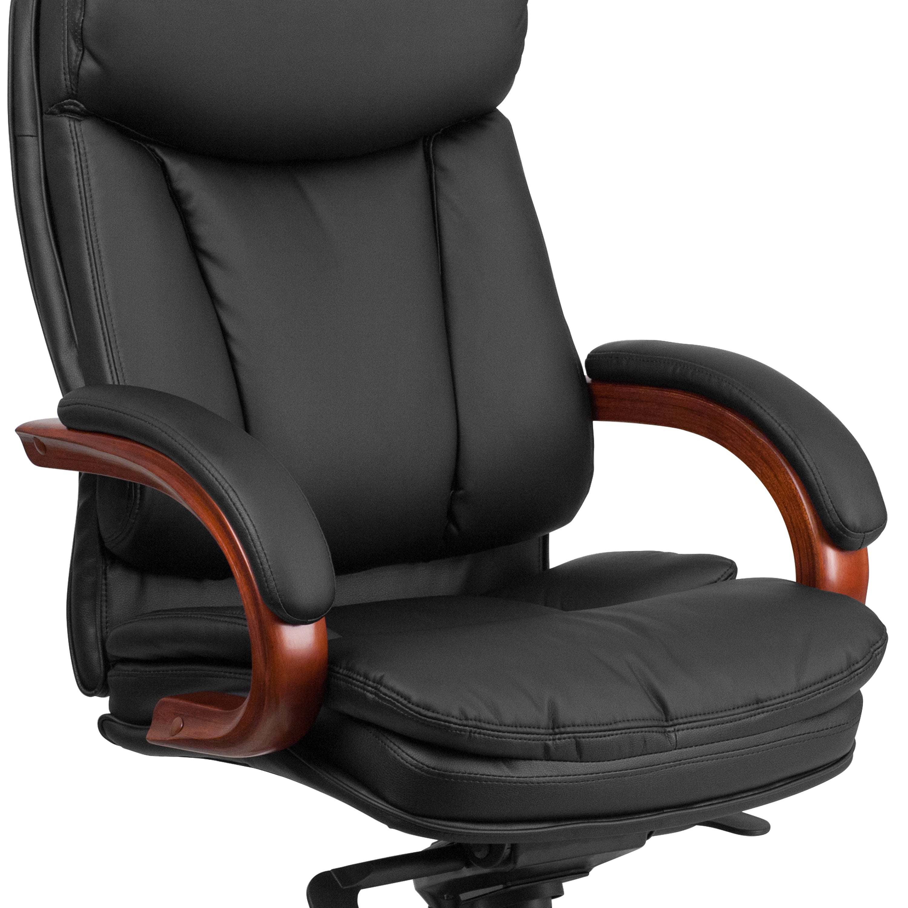 High Back LeatherSoft Executive Swivel Ergonomic Office Chair with Synchro-Tilt Mechanism, Mahogany Wood Base and Arms