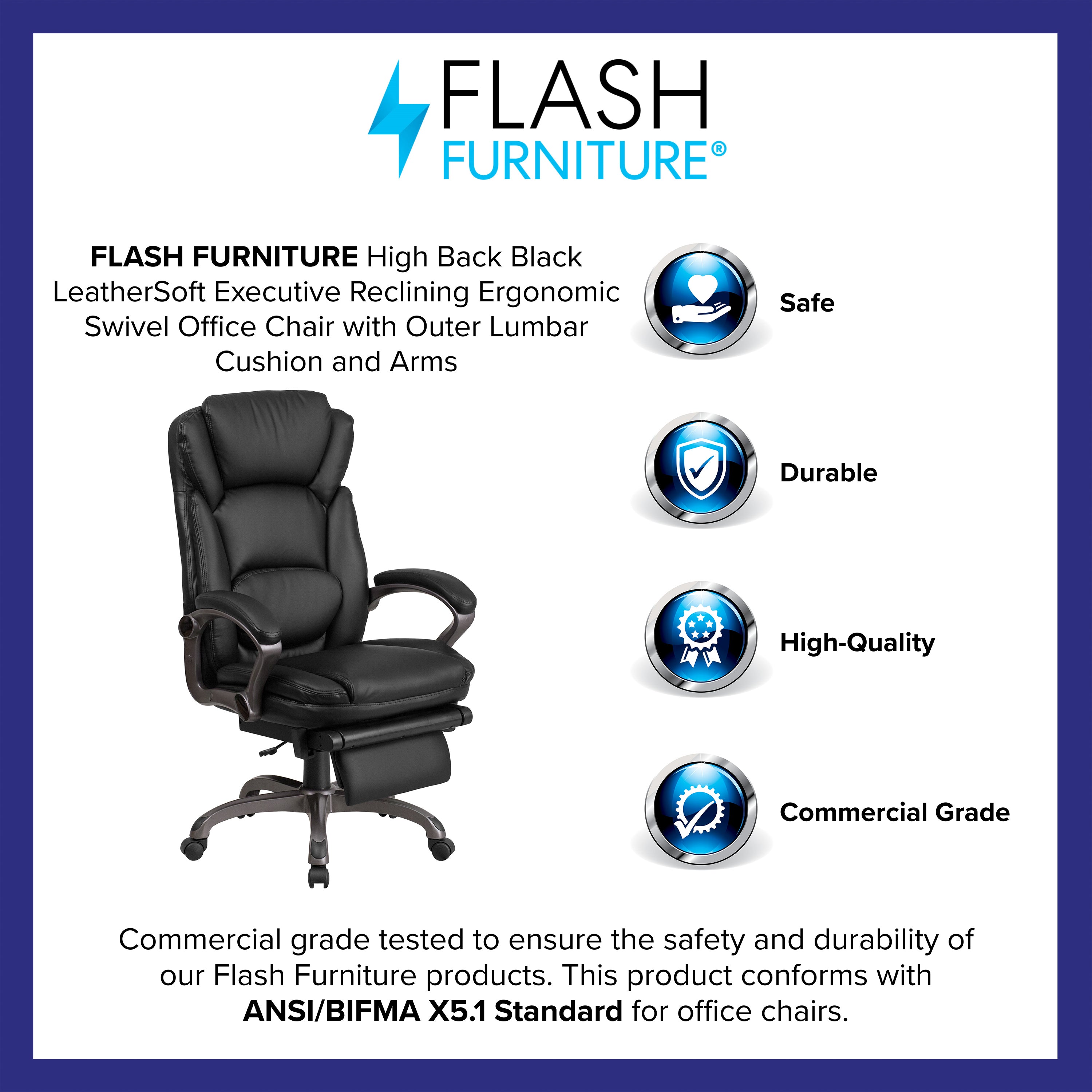 High Back LeatherSoft Executive Reclining Swivel Office Chair with Outer Lumbar Cushion and Arms