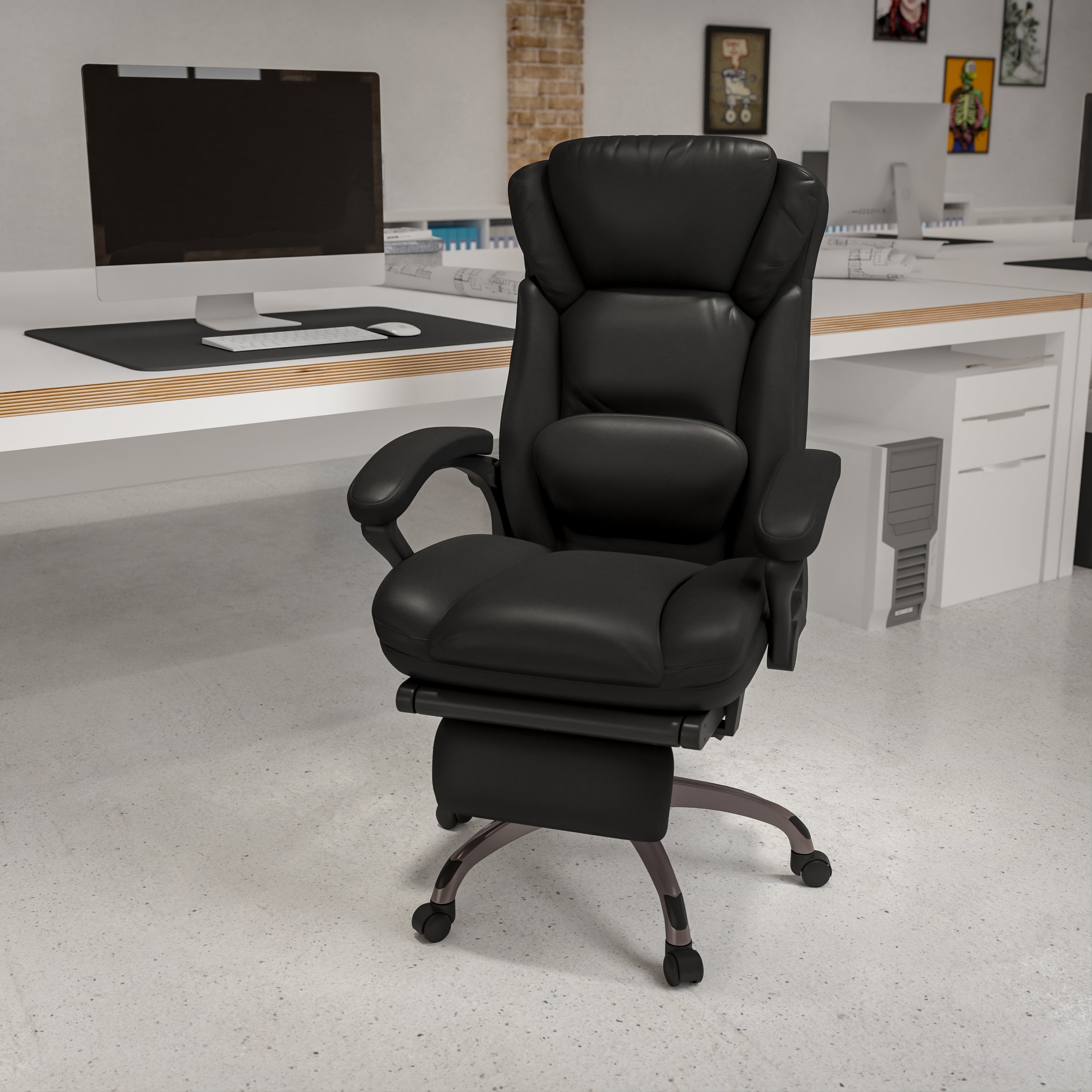 High Back LeatherSoft Executive Reclining Swivel Office Chair with Outer Lumbar Cushion and Arms-Office Chair-Flash Furniture-Wall2Wall Furnishings