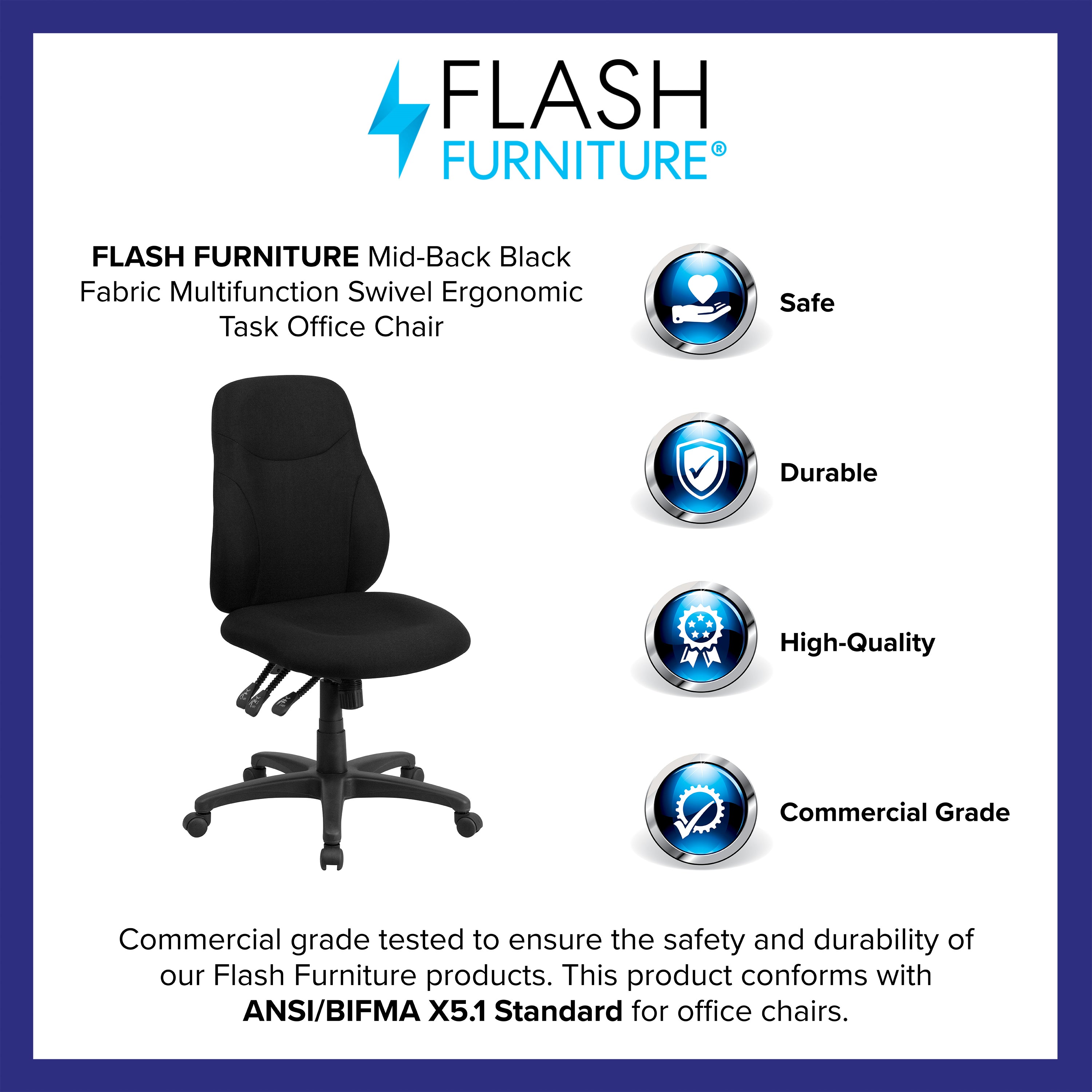 Mid-Back Fabric Multifunction Swivel Ergonomic Task Office Chair with 1.5" Back Adjustment