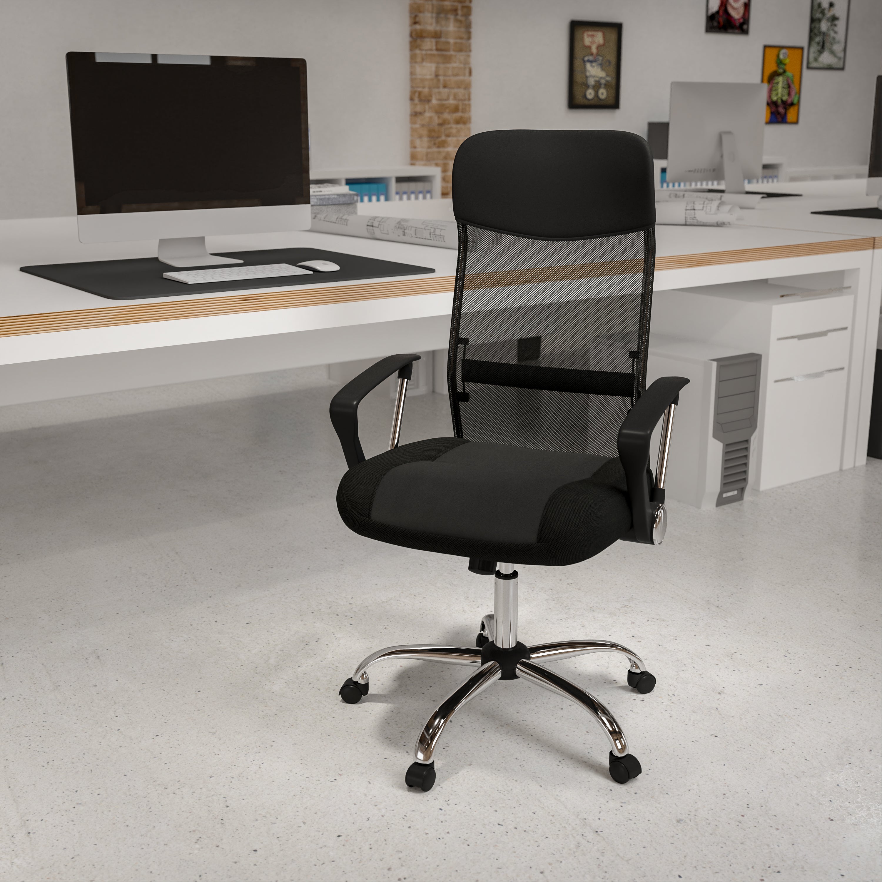 High Back Leather and Mesh Swivel Task Office Chair with Arms-Office Chair-Flash Furniture-Wall2Wall Furnishings