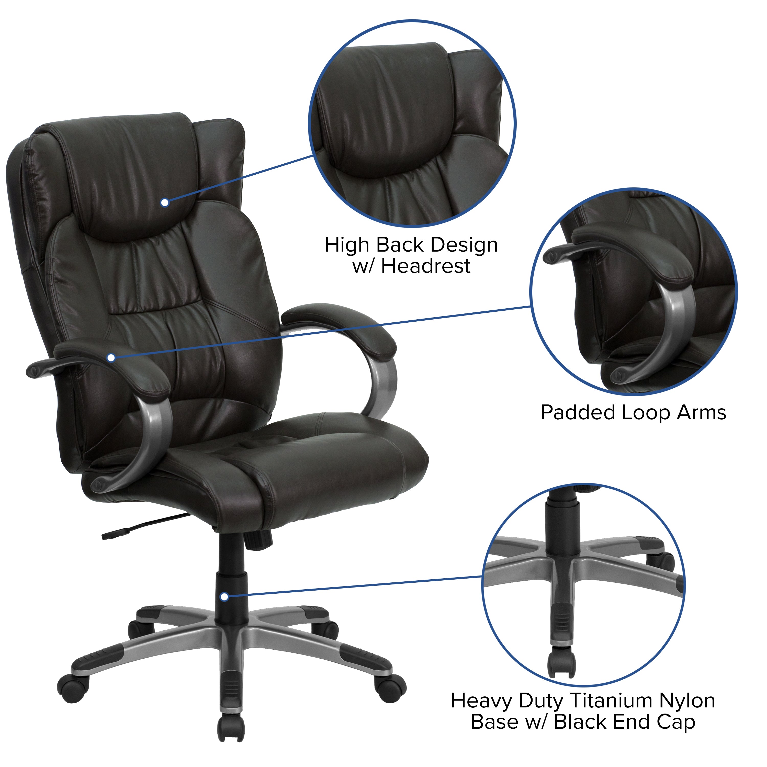High Back LeatherSoft Soft Ripple Upholstered Executive Swivel Office Chair with Titanium Nylon Base and Loop Arms-Office Chair-Flash Furniture-Wall2Wall Furnishings