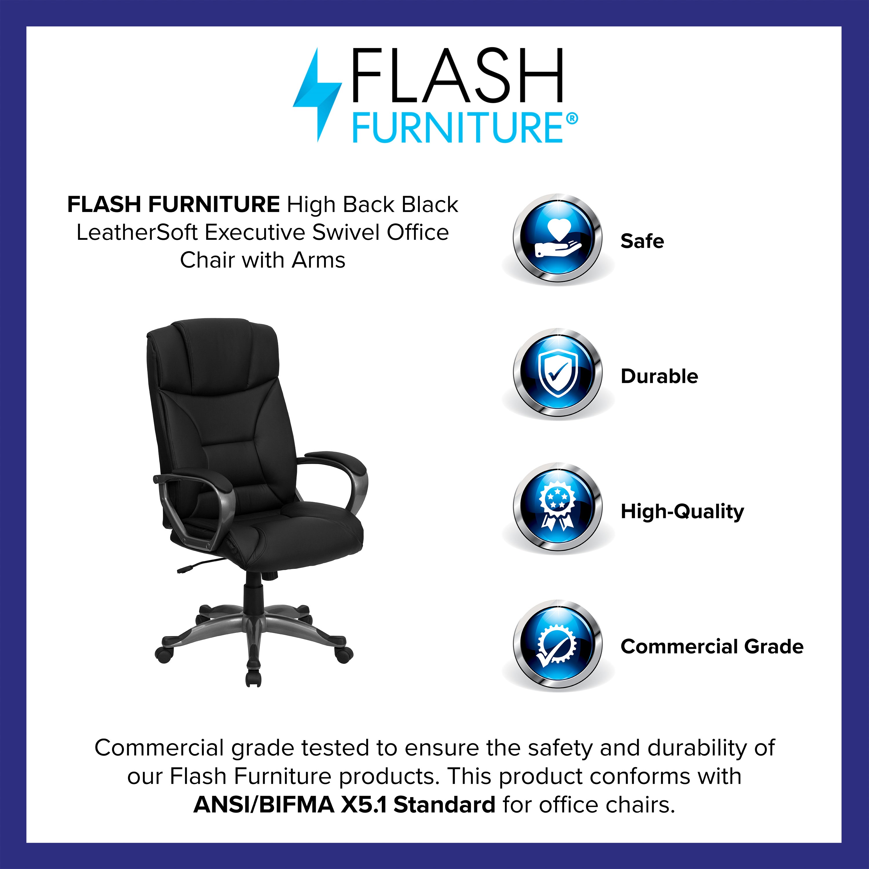 High Back LeatherSoft Executive Swivel Office Chair with Lip Edge Base and Arms