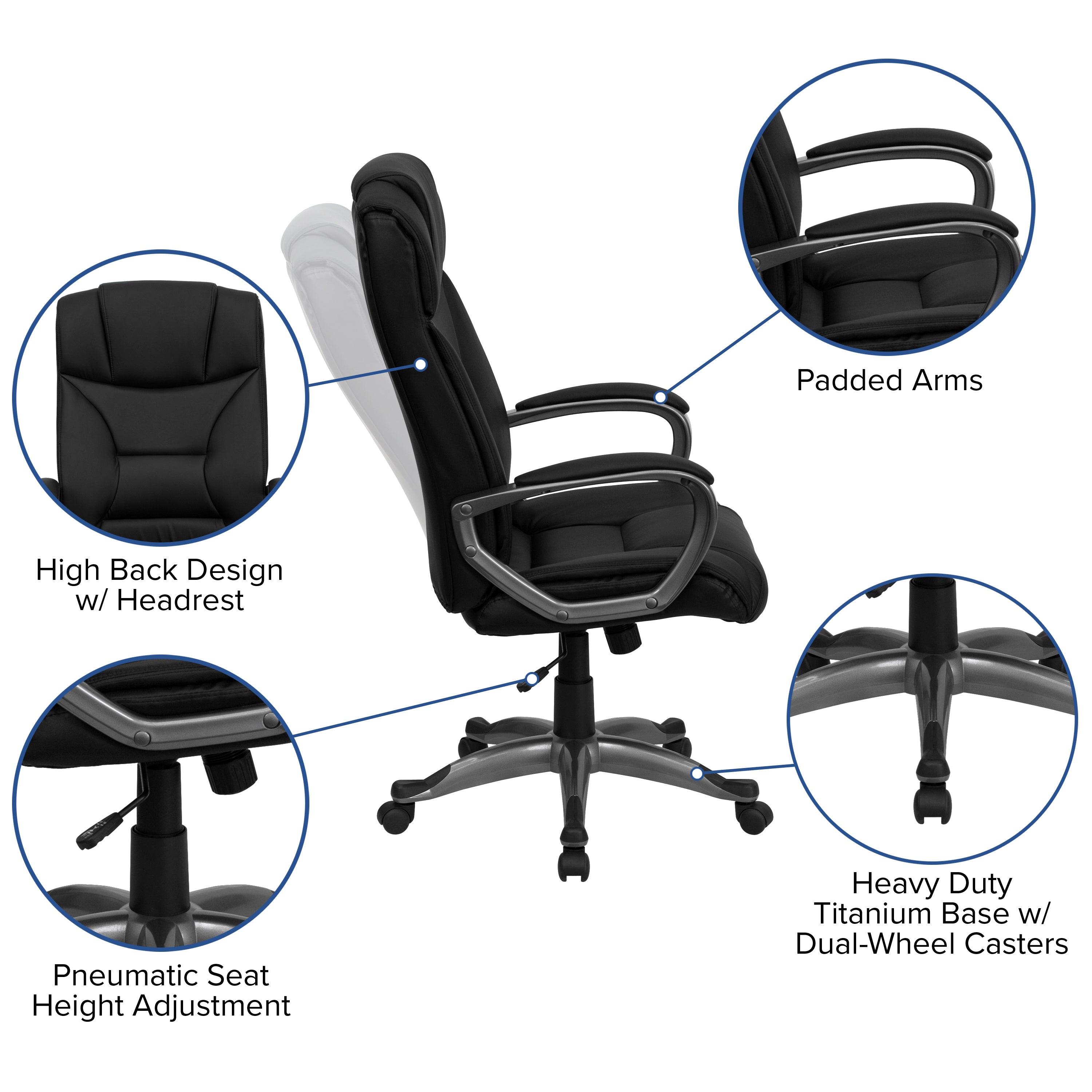 High Back LeatherSoft Executive Swivel Office Chair with Lip Edge Base and Arms