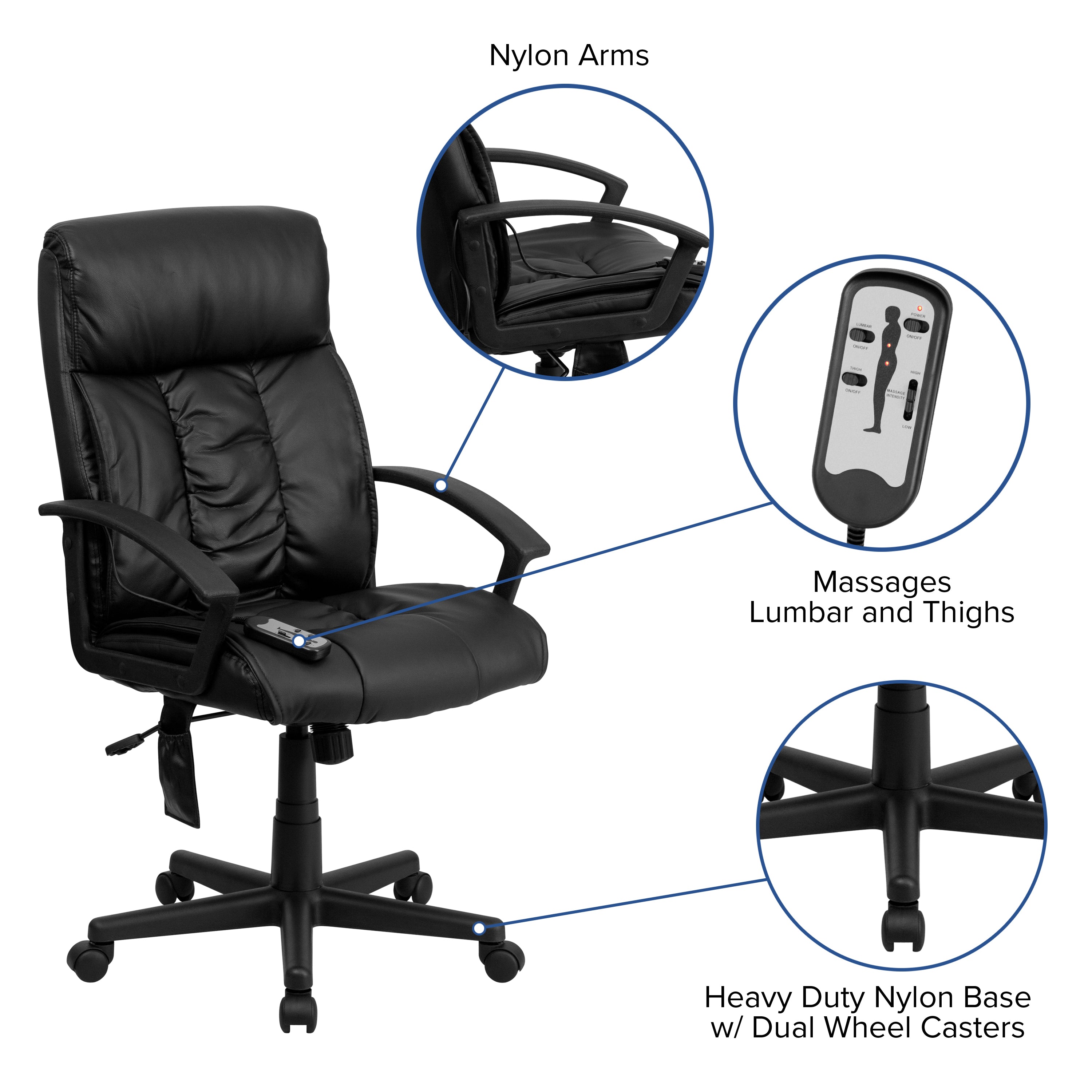 High Back Ergonomic Massaging LeatherSoft Soft Ripple Upholstered Executive Swivel Office Chair with Side Remote Pocket and Arms