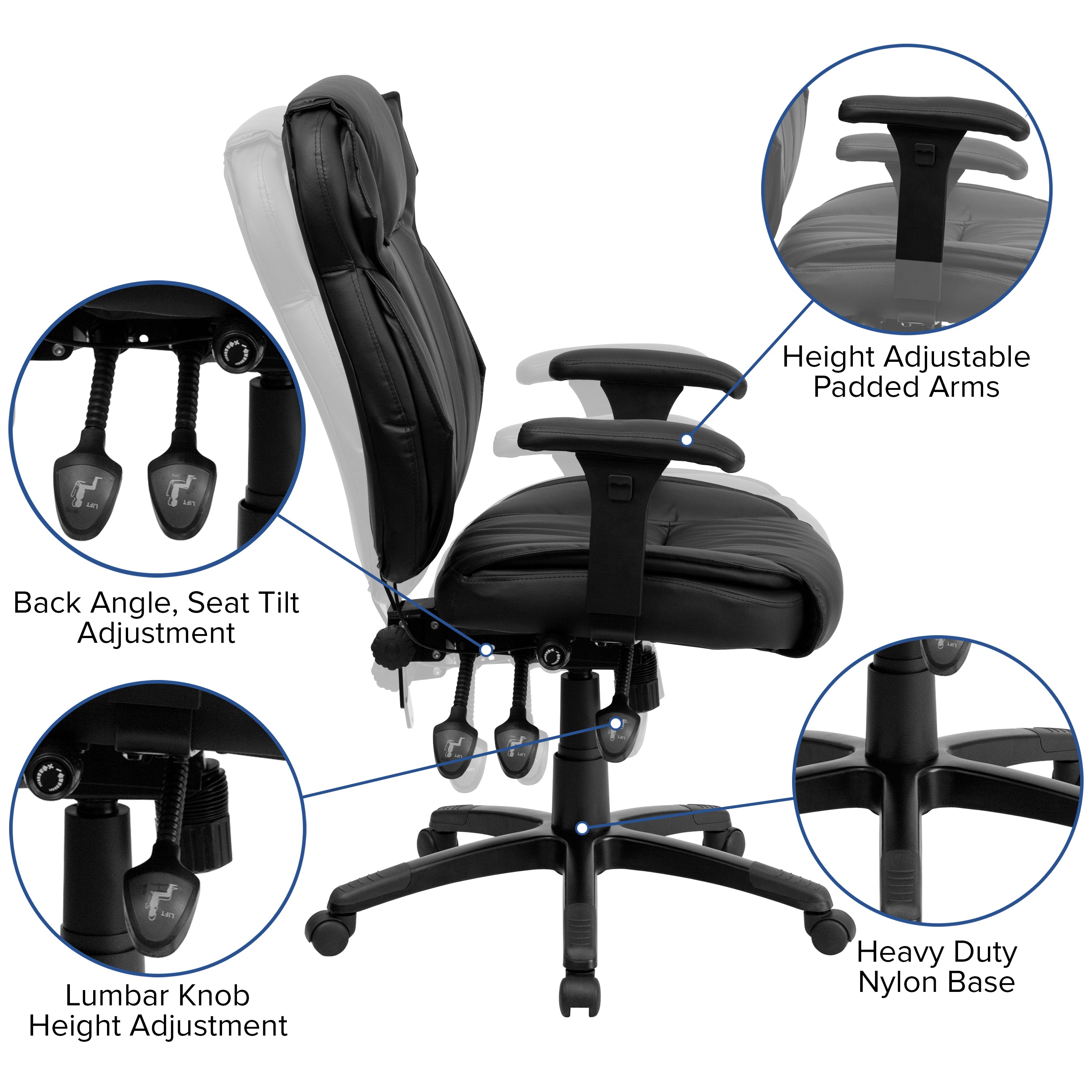 High Back LeatherSoft Multifunction Executive Swivel Ergonomic Office Chair with Lumbar Support Knob with Arms