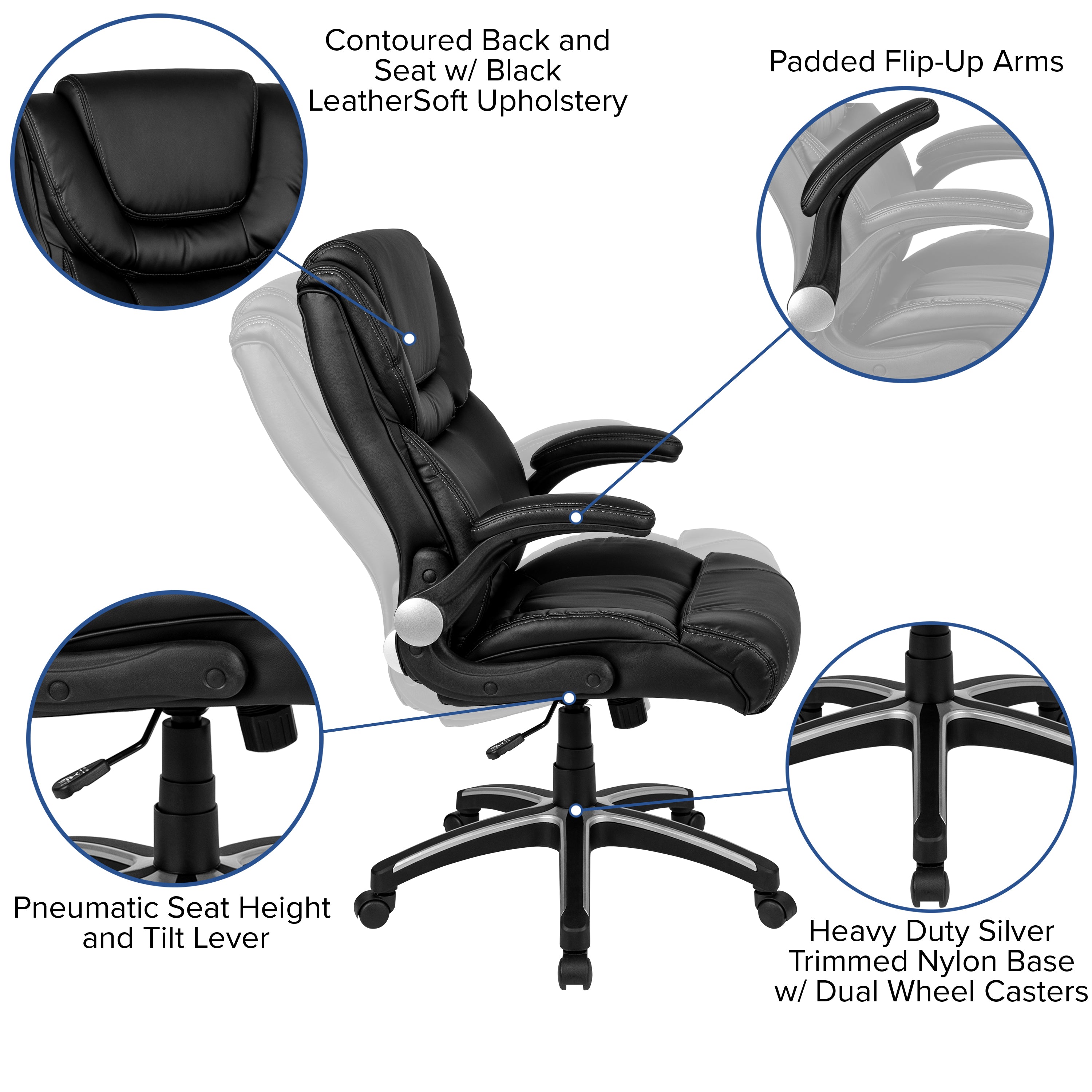 High Back LeatherSoft Executive Swivel Office Chair with Double Layered Headrest and Open Arms