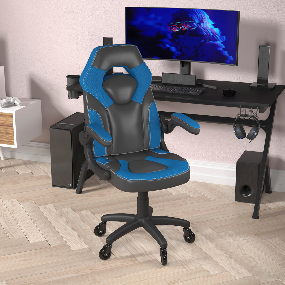 X10 Gaming Chair Racing Office Computer PC Adjustable Chair with Flip-up Arms and Transparent Roller Wheels