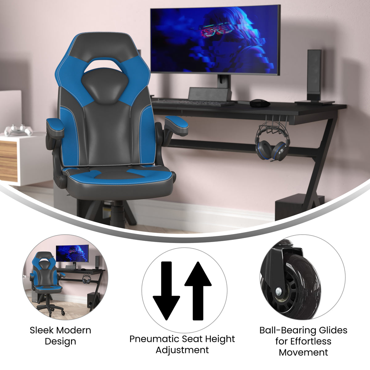 X10 Gaming Chair Racing Office Computer PC Adjustable Chair with Flip-up Arms and Transparent Roller Wheels