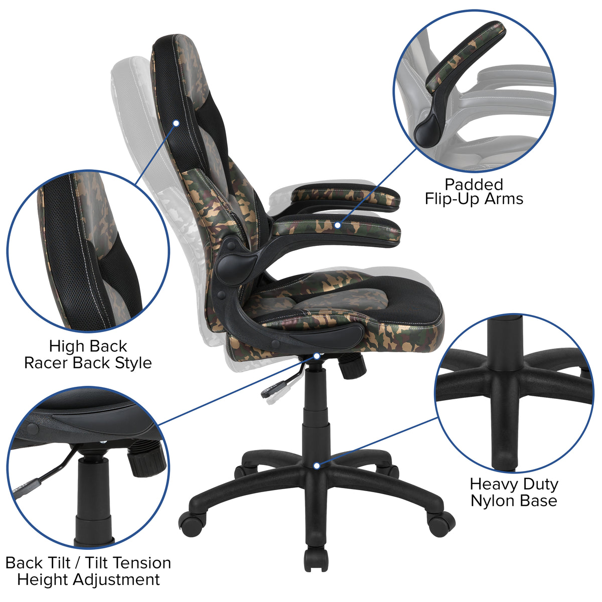 X10 Gaming Chair, Racing Style Ergonomic Office Chair, Height Adjustable Swivel Computer Chair with Flip-Up Arms