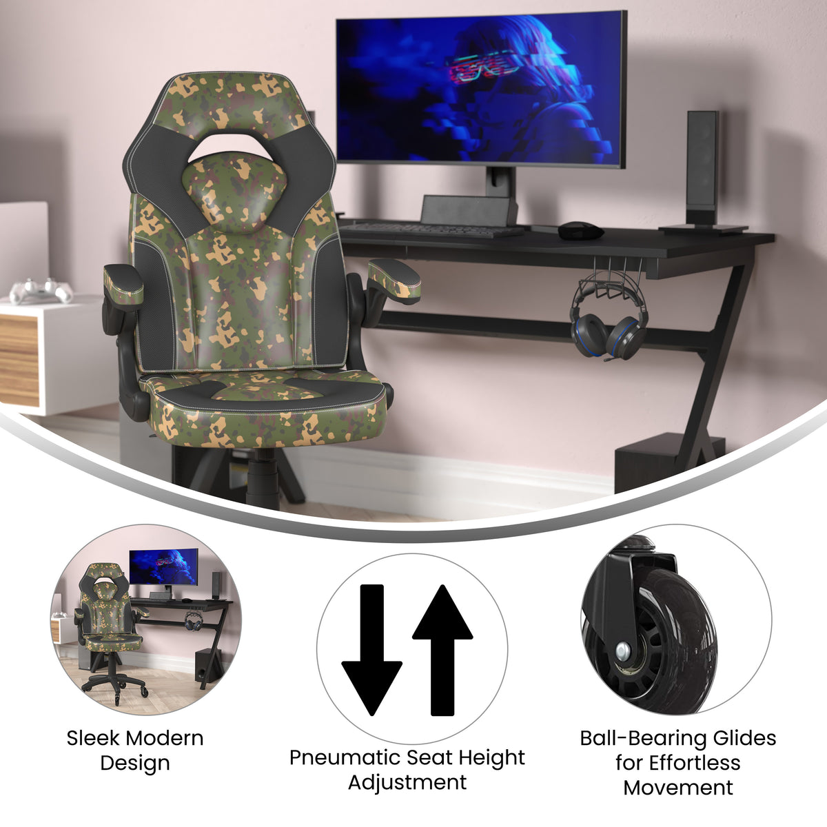 X10 Gaming Chair Racing Office Computer PC Adjustable Chair with Flip-up Arms and Transparent Roller Wheels