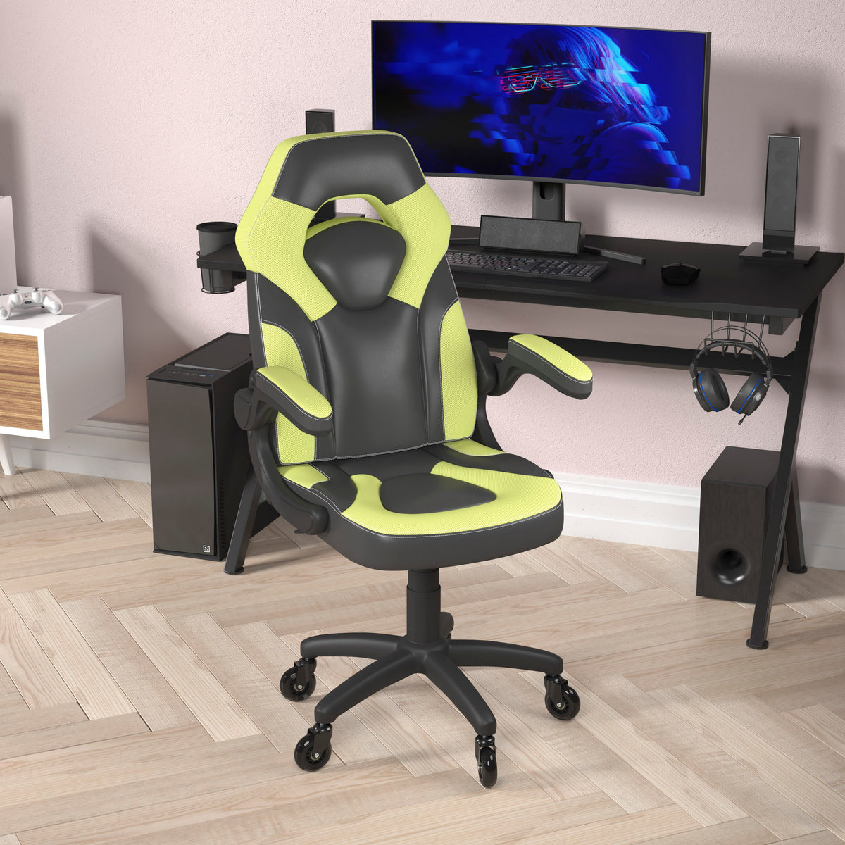 X10 Gaming Chair Racing Office Computer PC Adjustable Chair with Flip-up Arms and Transparent Roller Wheels