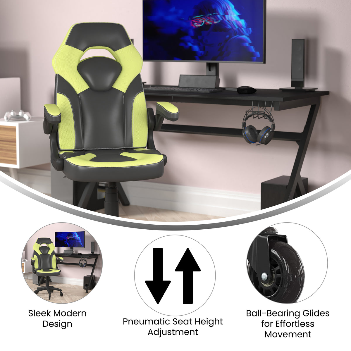 X10 Gaming Chair Racing Office Computer PC Adjustable Chair with Flip-up Arms and Transparent Roller Wheels
