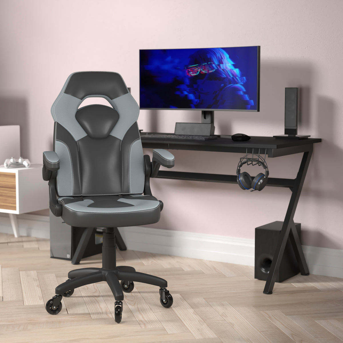 X10 Gaming Chair Racing Office Computer PC Adjustable Chair with Flip-up Arms and Transparent Roller Wheels