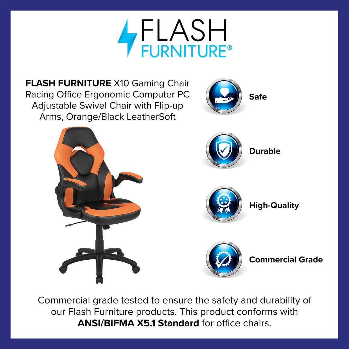 X10 Gaming Chair, Racing Style Ergonomic Office Chair, Height Adjustable Swivel Computer Chair with Flip-Up Arms