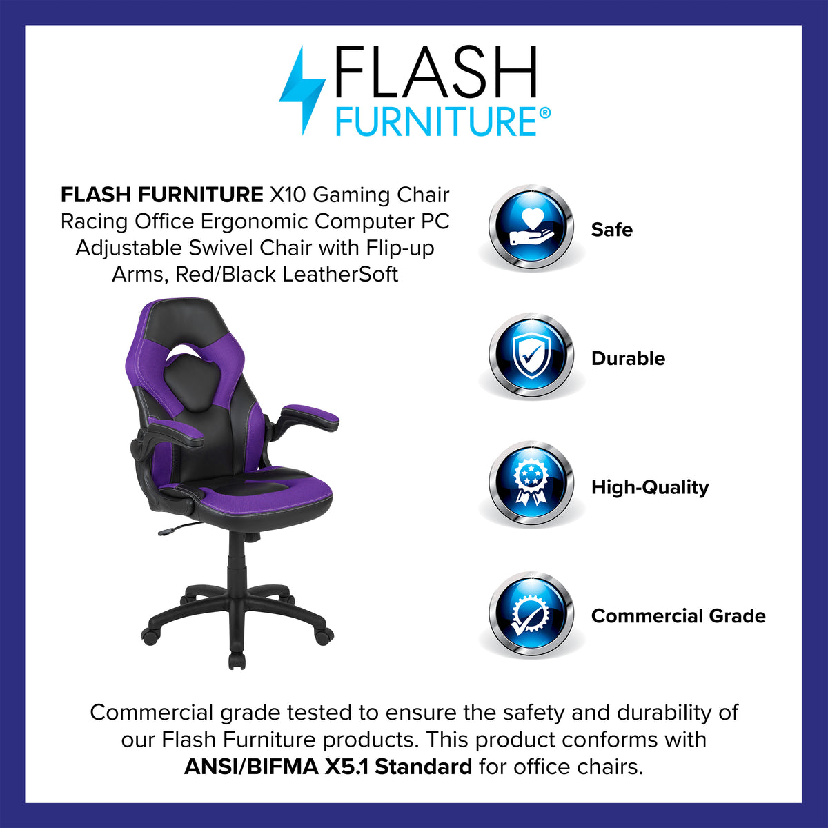 X10 Gaming Chair, Racing Style Ergonomic Office Chair, Height Adjustable Swivel Computer Chair with Flip-Up Arms