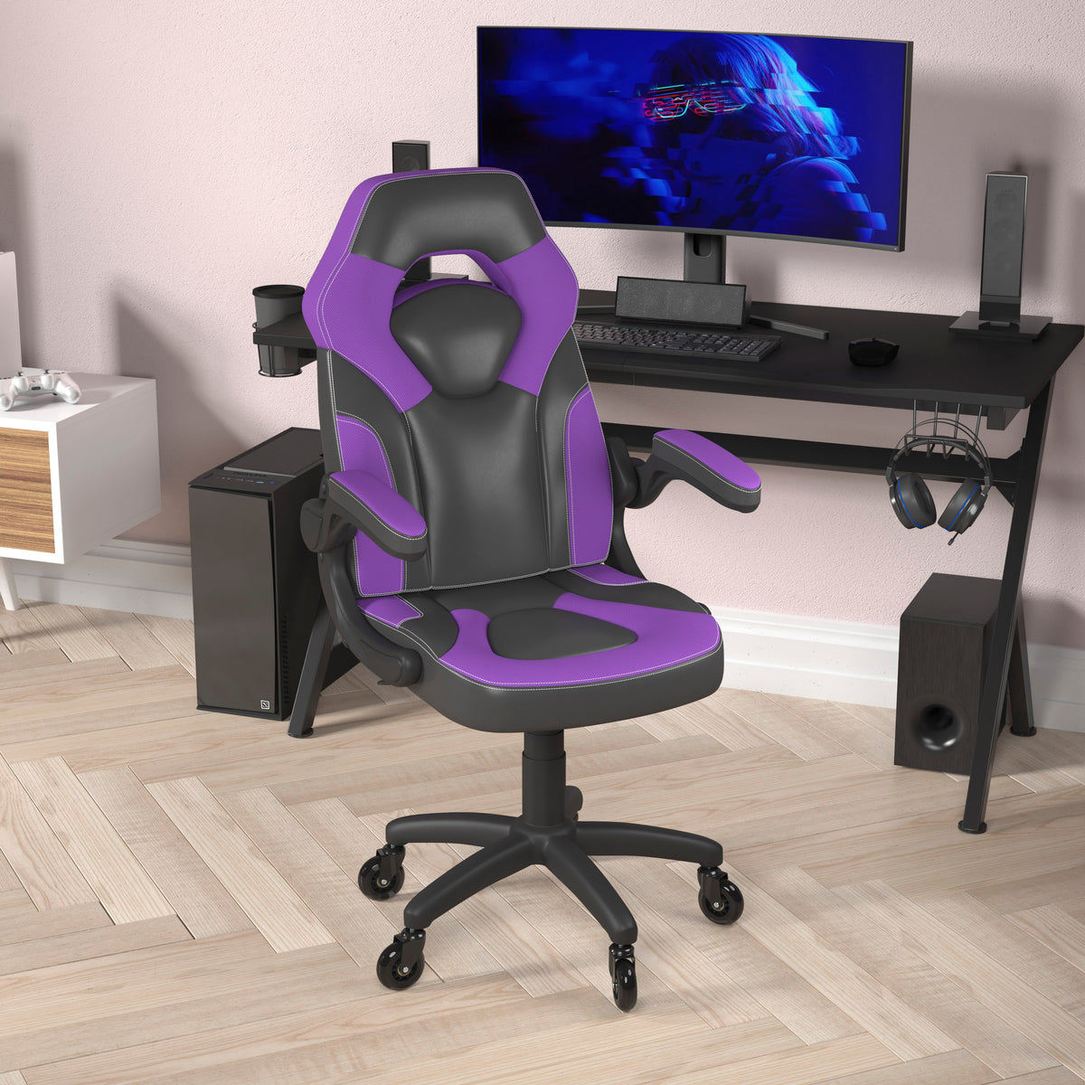 X10 Gaming Chair Racing Office Computer PC Adjustable Chair with Flip-up Arms and Transparent Roller Wheels