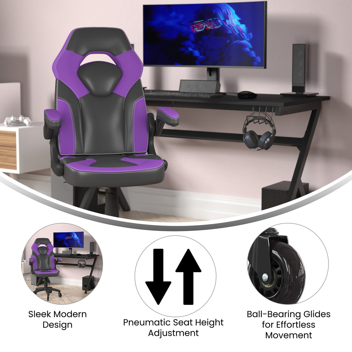 X10 Gaming Chair Racing Office Computer PC Adjustable Chair with Flip-up Arms and Transparent Roller Wheels