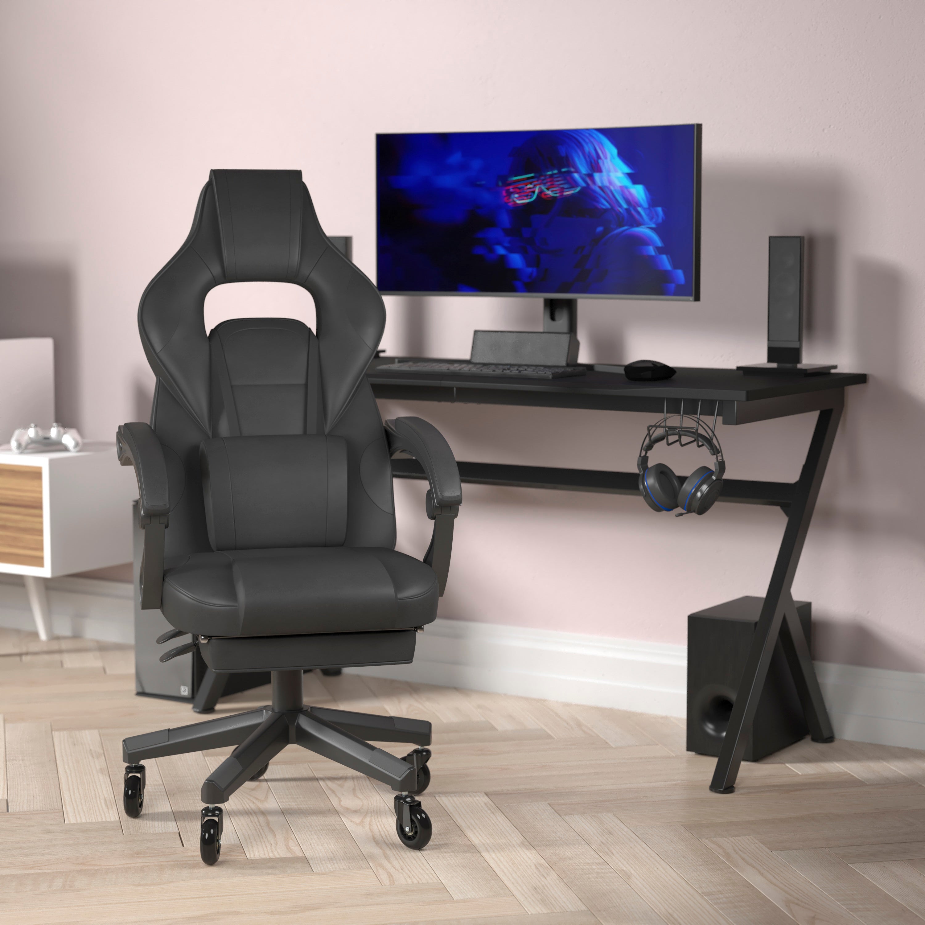 X40 Gaming Chair Racing Computer Chair with Fully Reclining Back/Arms and Transparent Roller Wheels, Slide-Out Footrest-Racing Chair-Flash Furniture-Wall2Wall Furnishings