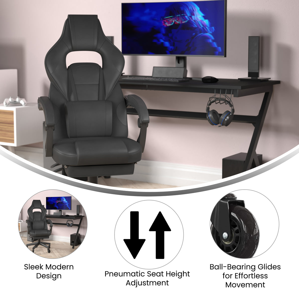 X40 Gaming Chair Racing Computer Chair with Fully Reclining Back/Arms and Transparent Roller Wheels, Slide-Out Footrest