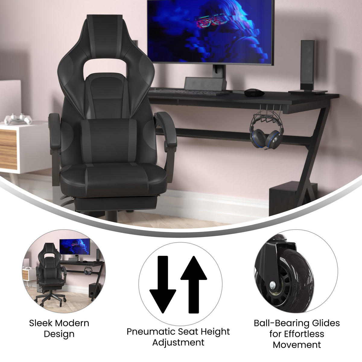 X40 Gaming Chair Racing Computer Chair with Fully Reclining Back/Arms and Transparent Roller Wheels, Slide-Out Footrest