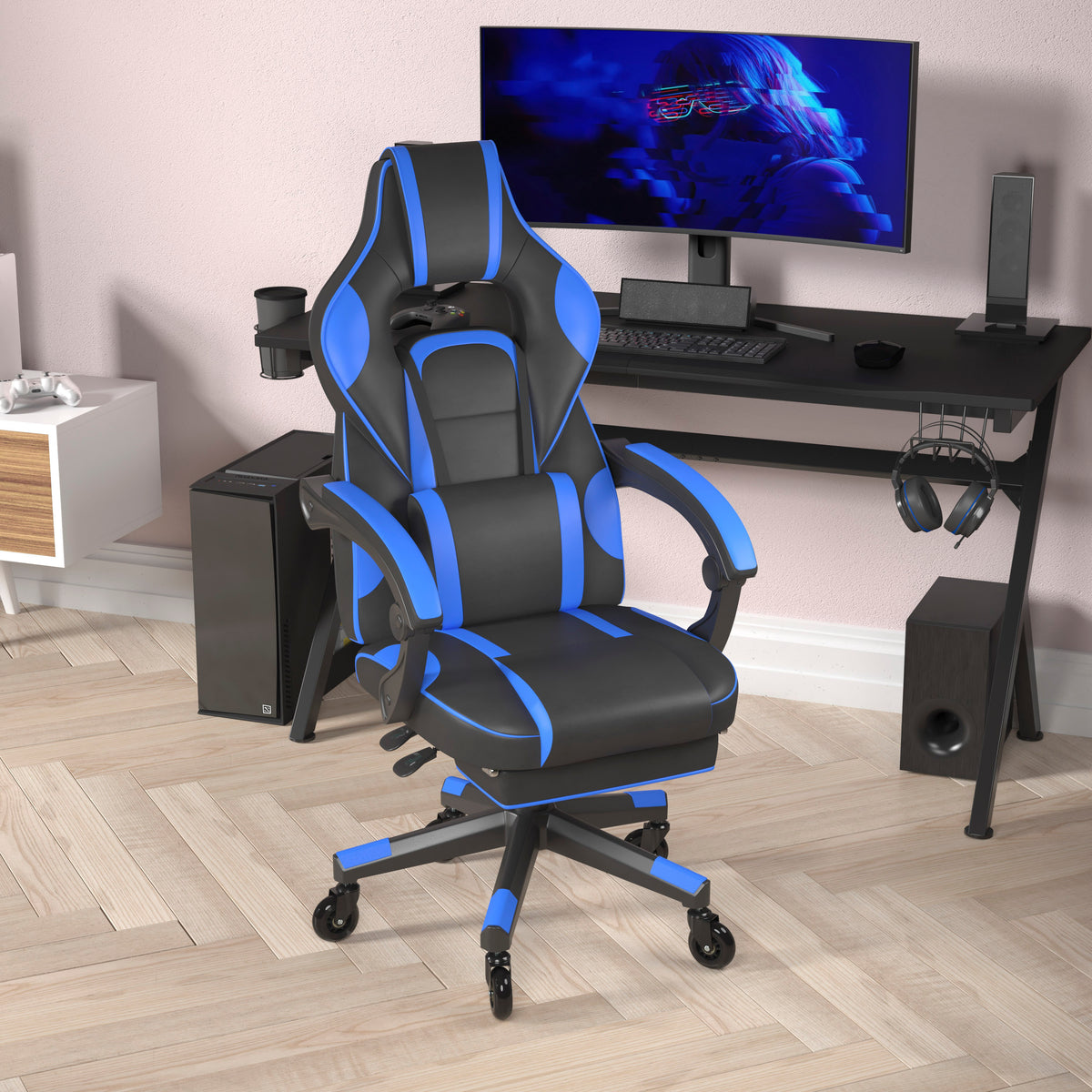 X40 Gaming Chair Racing Computer Chair with Fully Reclining Back/Arms and Transparent Roller Wheels, Slide-Out Footrest