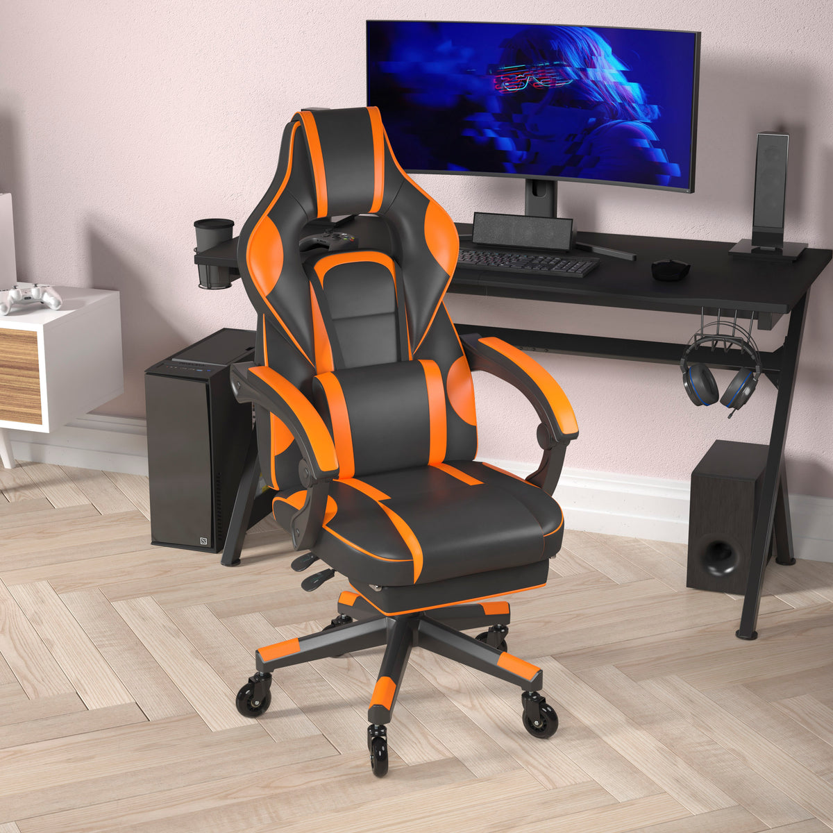 X40 Gaming Chair Racing Computer Chair with Fully Reclining Back/Arms and Transparent Roller Wheels, Slide-Out Footrest