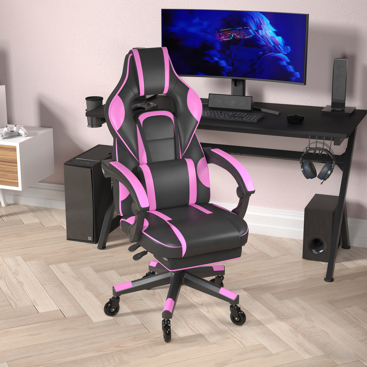 X40 Gaming Chair Racing Computer Chair with Fully Reclining Back/Arms and Transparent Roller Wheels, Slide-Out Footrest