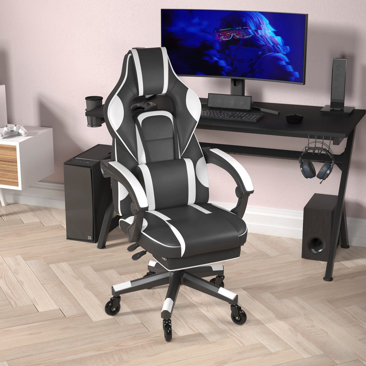 X40 Gaming Chair Racing Computer Chair with Fully Reclining Back/Arms and Transparent Roller Wheels, Slide-Out Footrest
