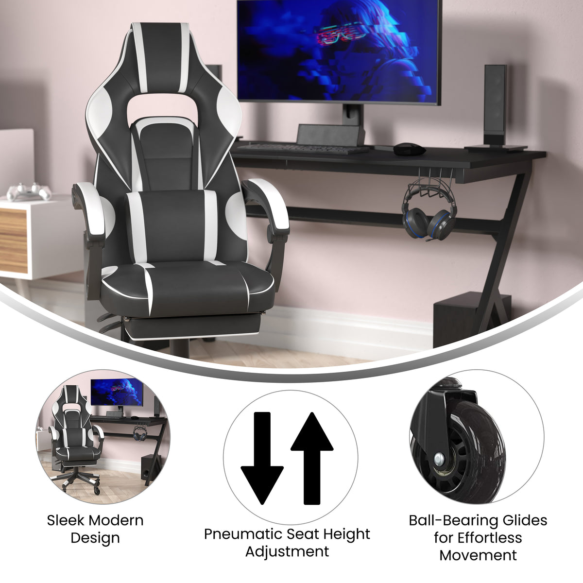 X40 Gaming Chair Racing Computer Chair with Fully Reclining Back/Arms and Transparent Roller Wheels, Slide-Out Footrest