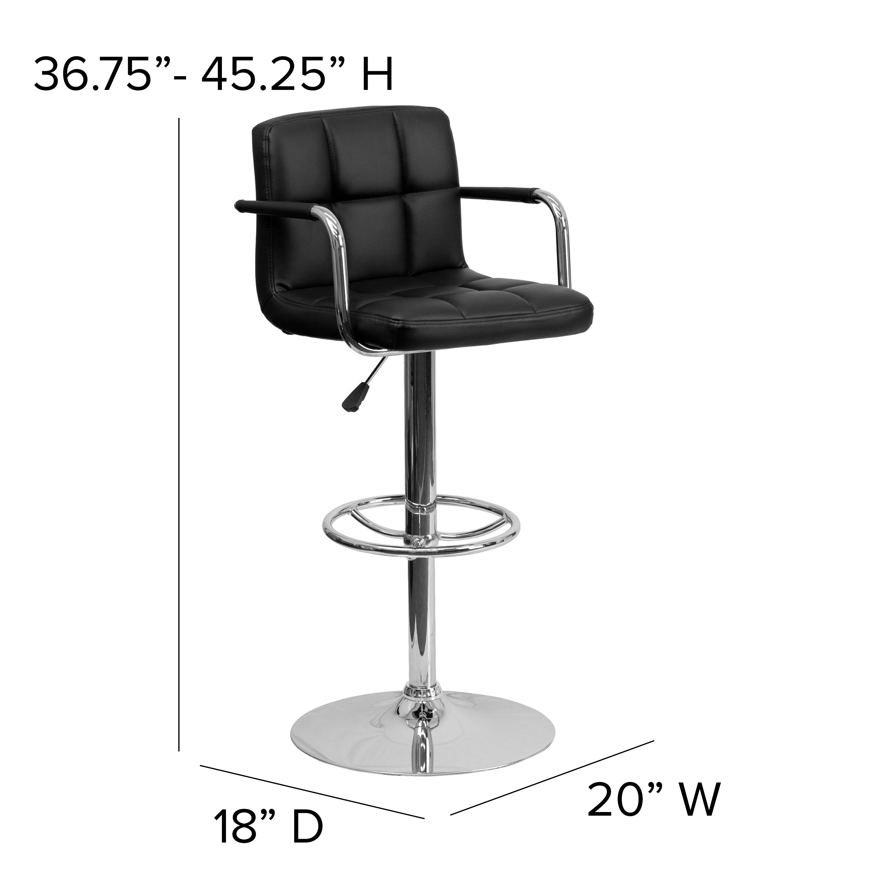 Contemporary Quilted Vinyl Adjustable Height Barstool with Arms and Chrome Base