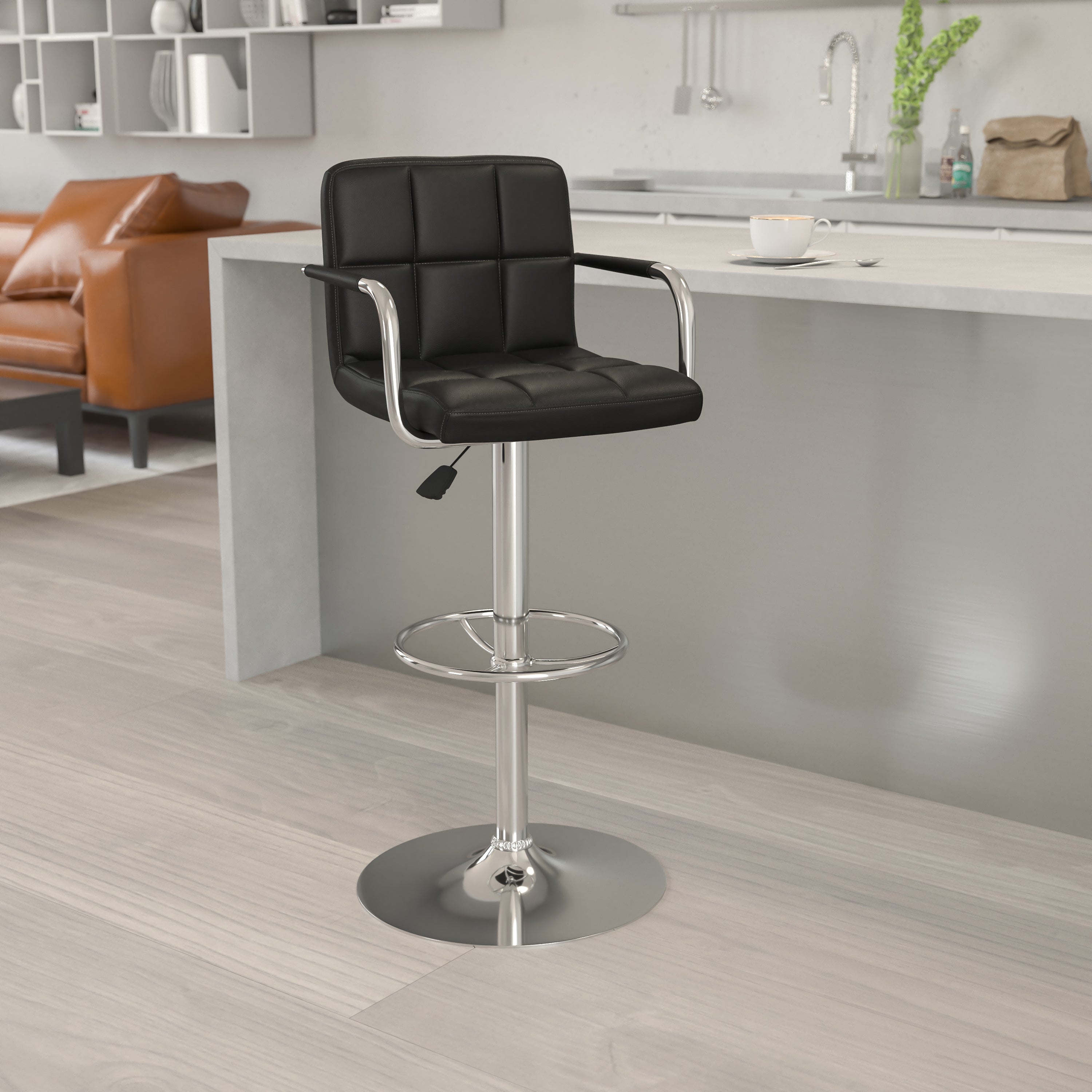 Contemporary Quilted Vinyl Adjustable Height Barstool with Arms and Chrome Base