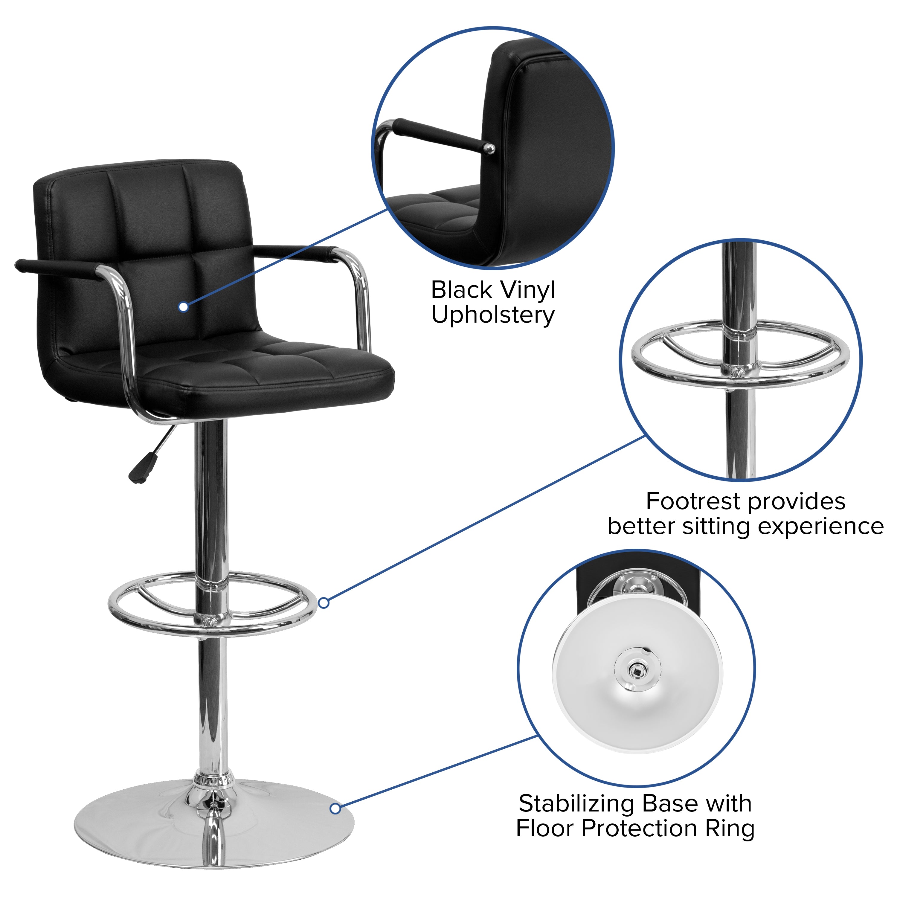 Contemporary Quilted Vinyl Adjustable Height Barstool with Arms and Chrome Base