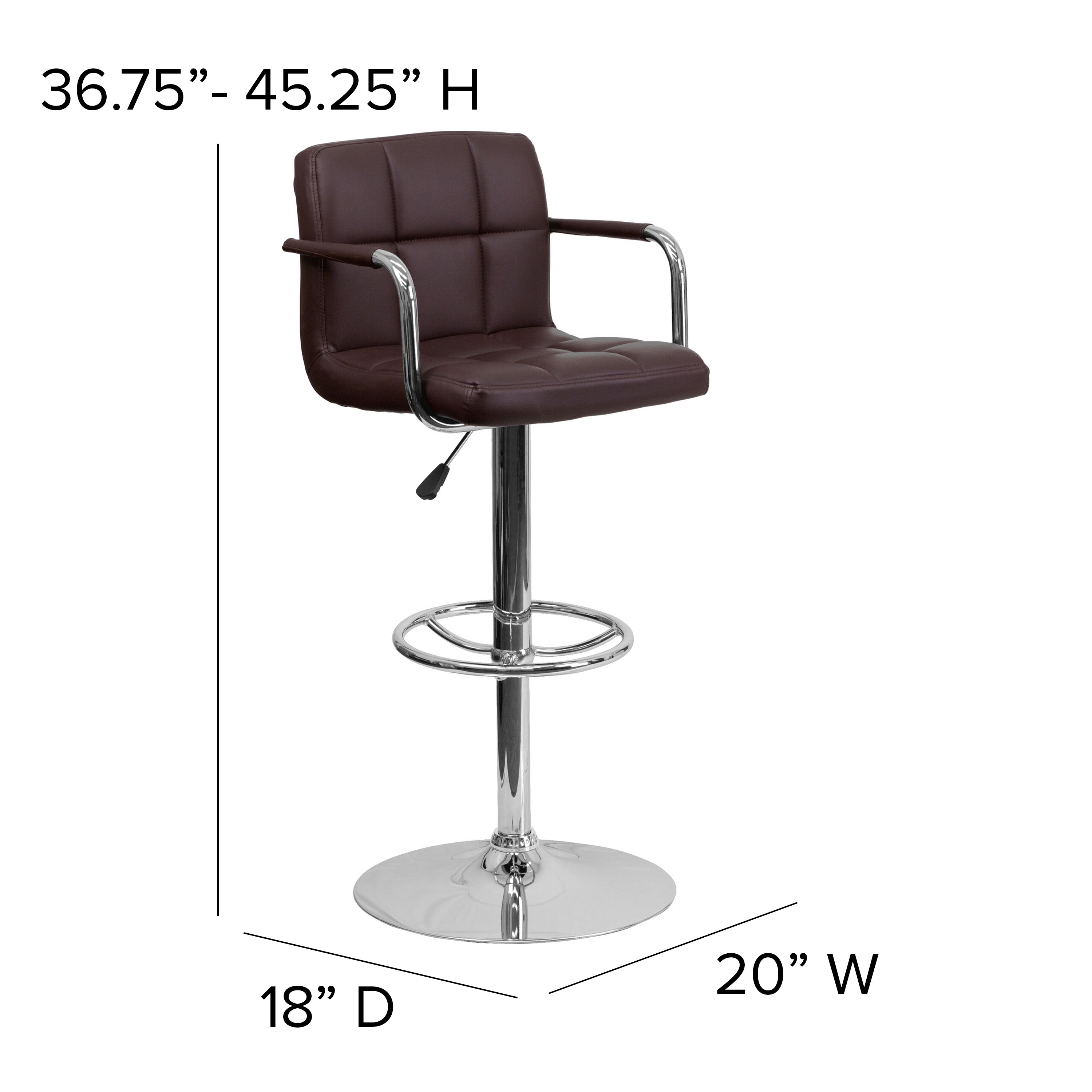 Contemporary Quilted Vinyl Adjustable Height Barstool with Arms and Chrome Base