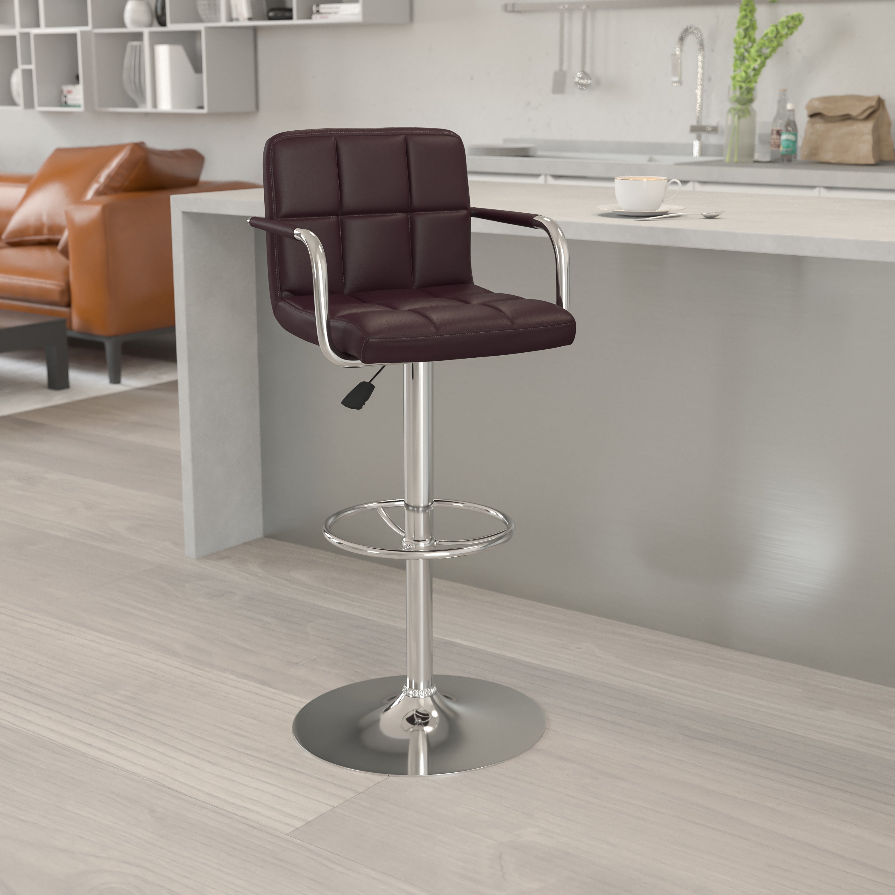 Contemporary Quilted Vinyl Adjustable Height Barstool with Arms and Chrome Base