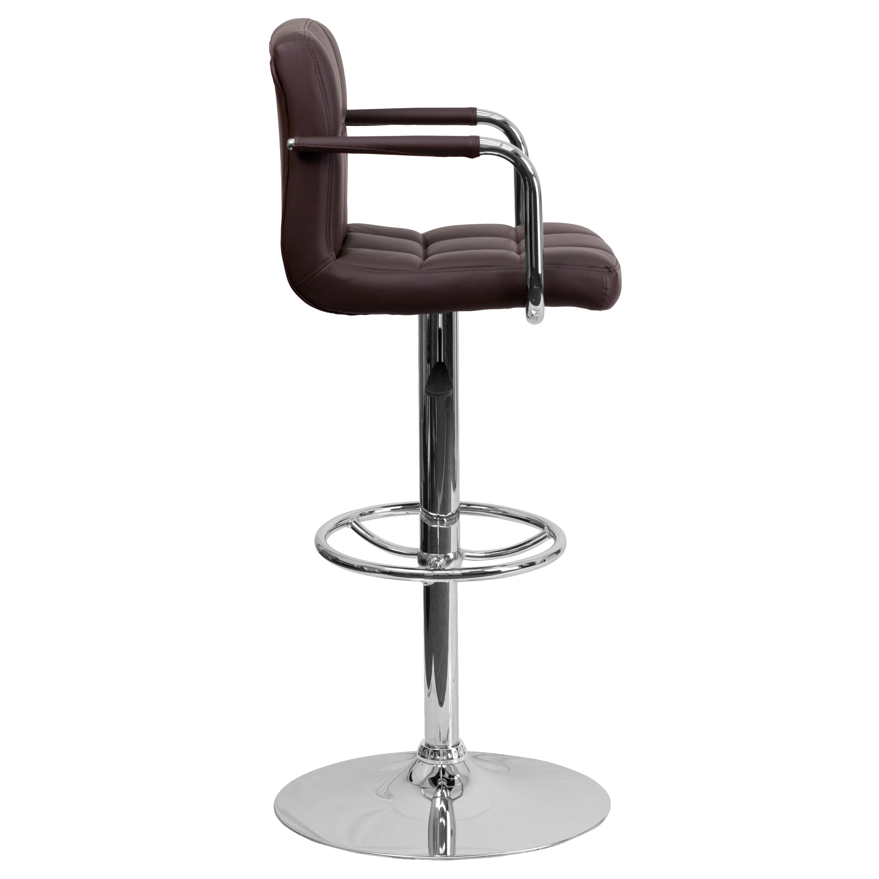 Contemporary Quilted Vinyl Adjustable Height Barstool with Arms and Chrome Base