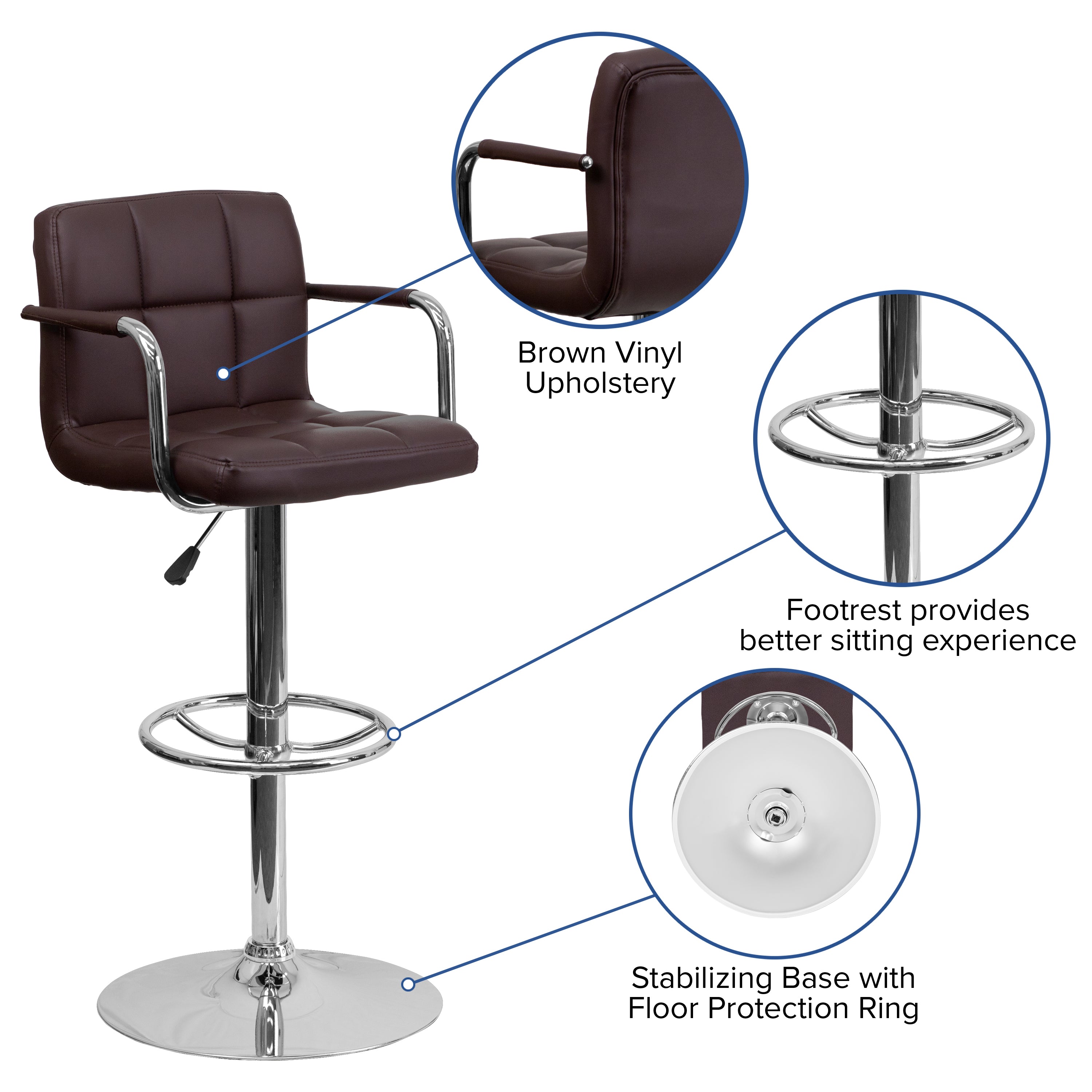 Contemporary Quilted Vinyl Adjustable Height Barstool with Arms and Chrome Base