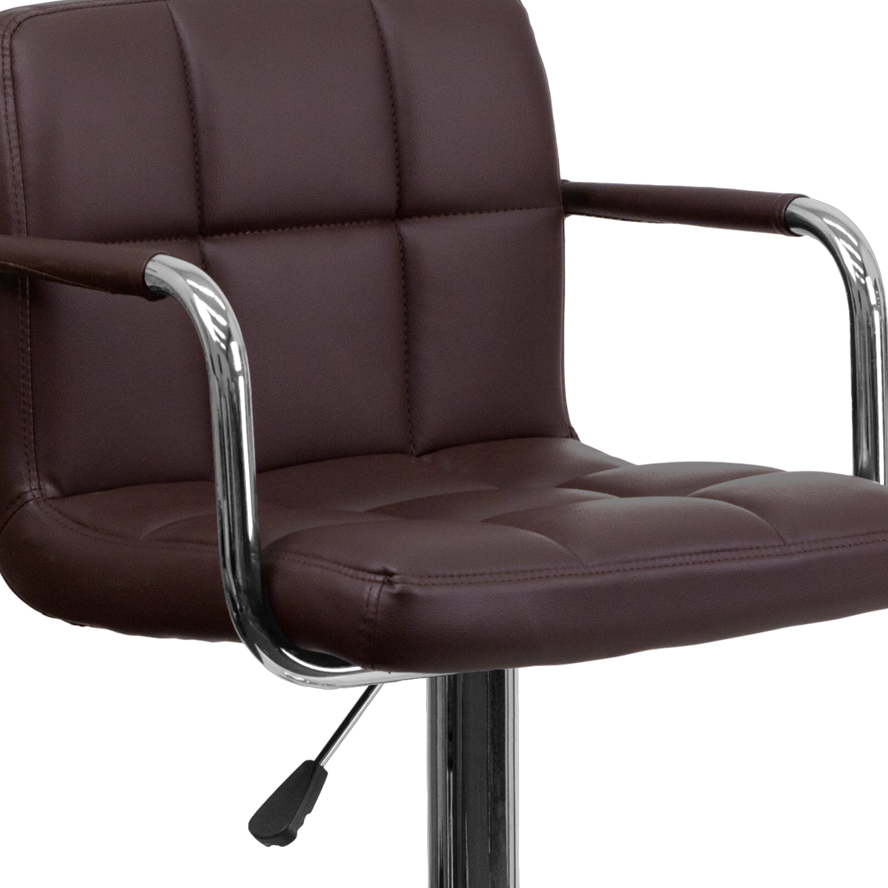 Contemporary Quilted Vinyl Adjustable Height Barstool with Arms and Chrome Base